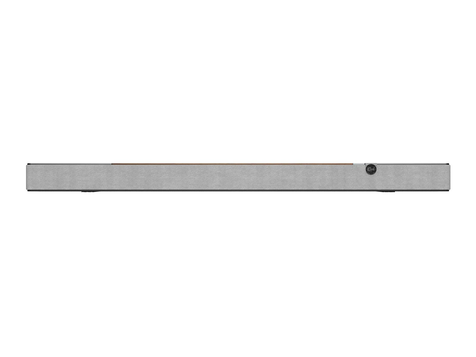 Eine lange, rechteckige Soundbar mit grauer Vorderseite und brauner Oberseite. Das Klipsch-Logo befindet sich am rechten Ende. Weißer Hintergrund.