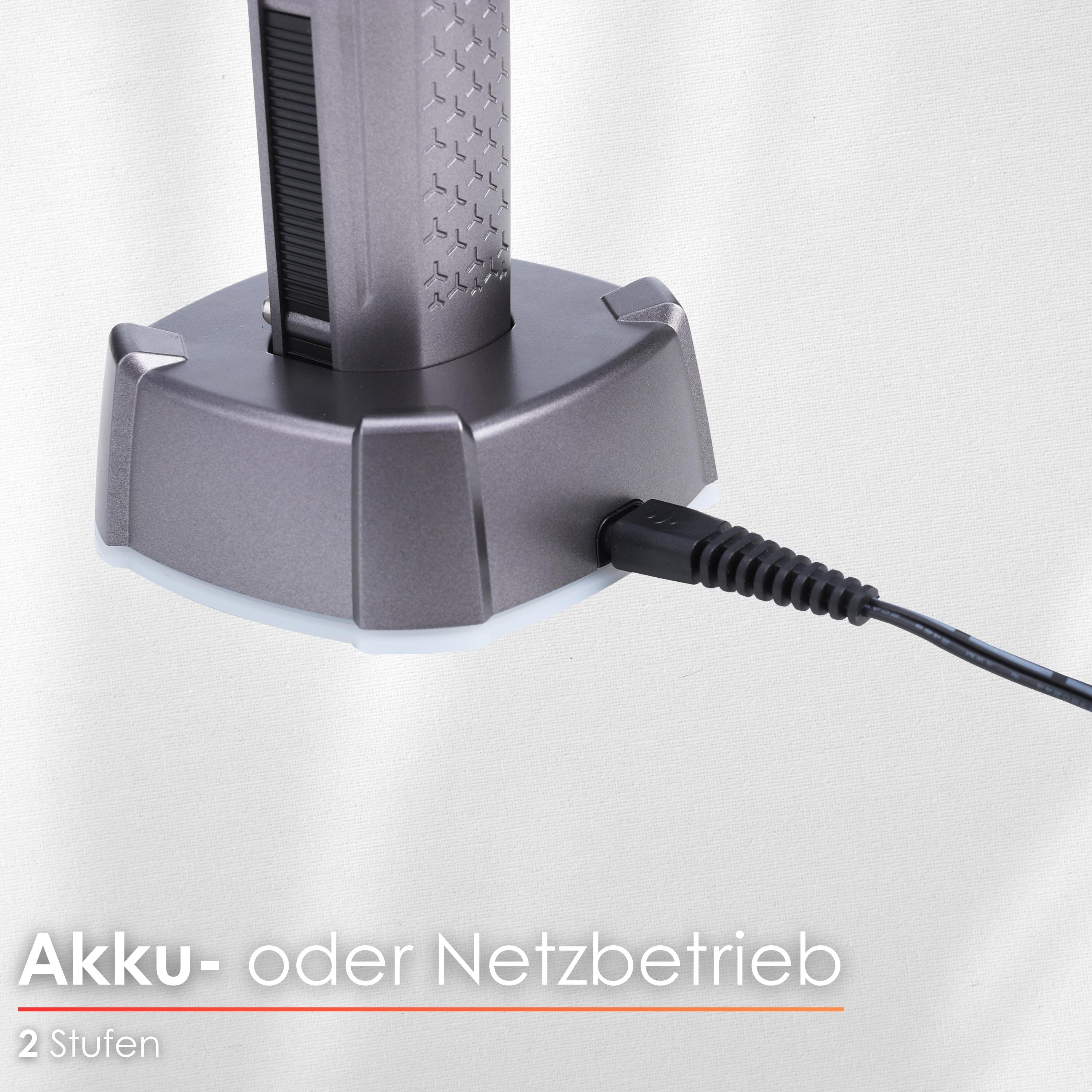 Ein silberner Rasierer auf einer Basis mit einem schwarzen Kabel. Text: 'Akku- oder Netzbetrieb' und '2 Stufen'.