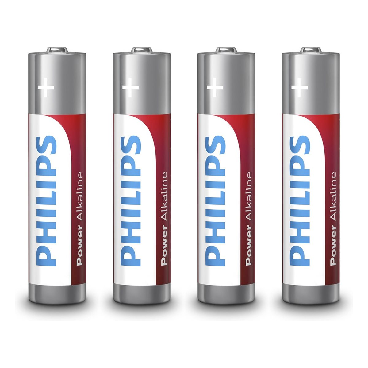 Sono mostrate quattro batterie Philips AA, disposte orizzontalmente. Ogni batteria ha la parte superiore argentata, il corpo bianco e rosso e il logo Philips bianco.