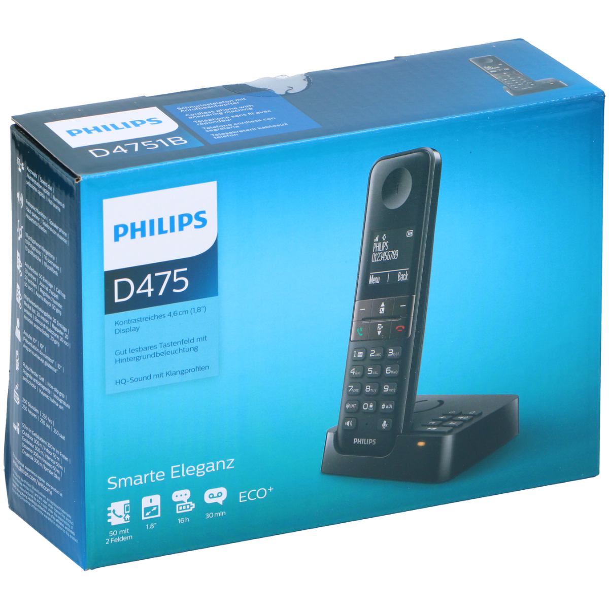 Boîte avec un téléphone sans fil Philips D4751B. Le téléphone est noir et possède un écran.