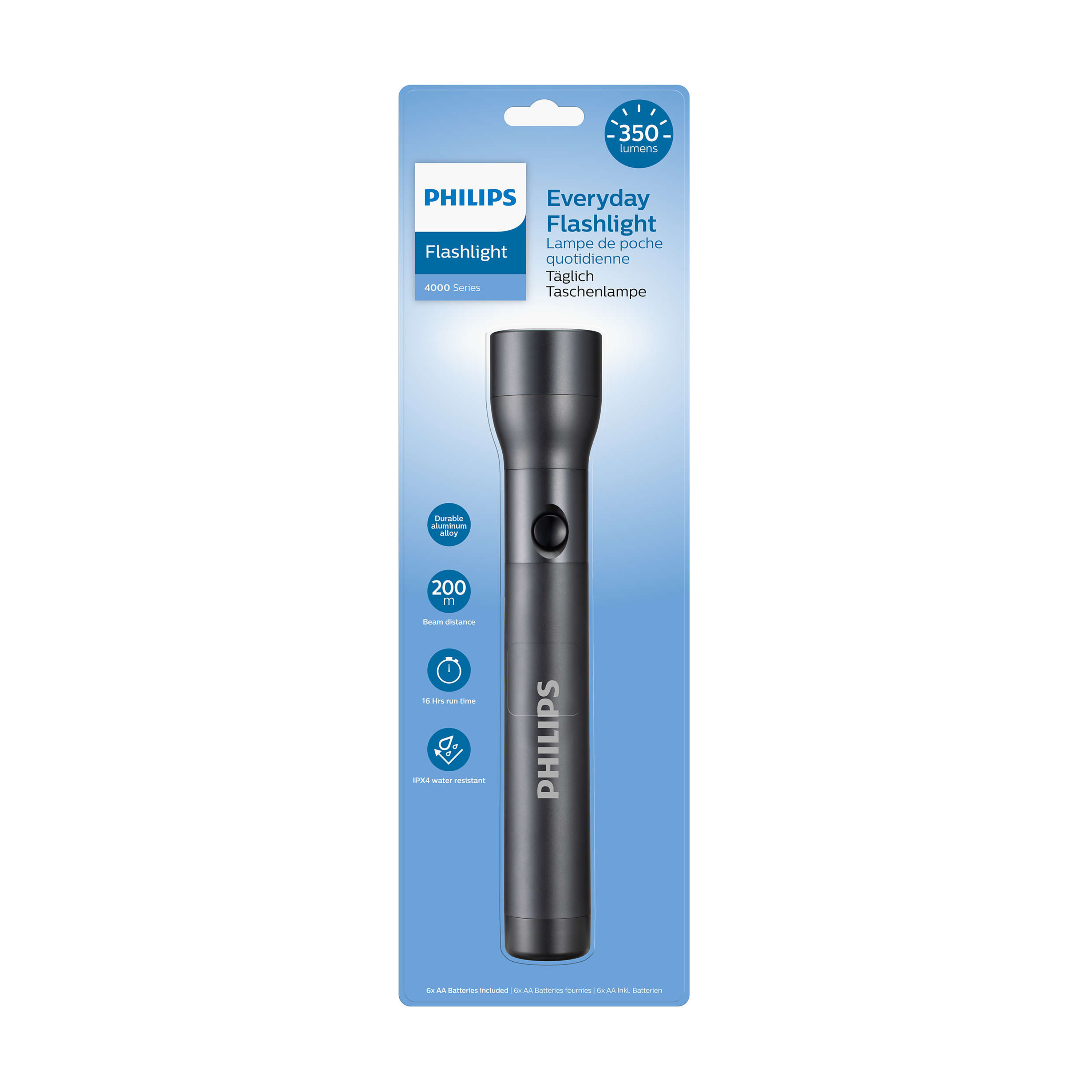 Una confezione di torcia Philips Everyday. Ha una torcia nera, con dettagli sulle sue caratteristiche.