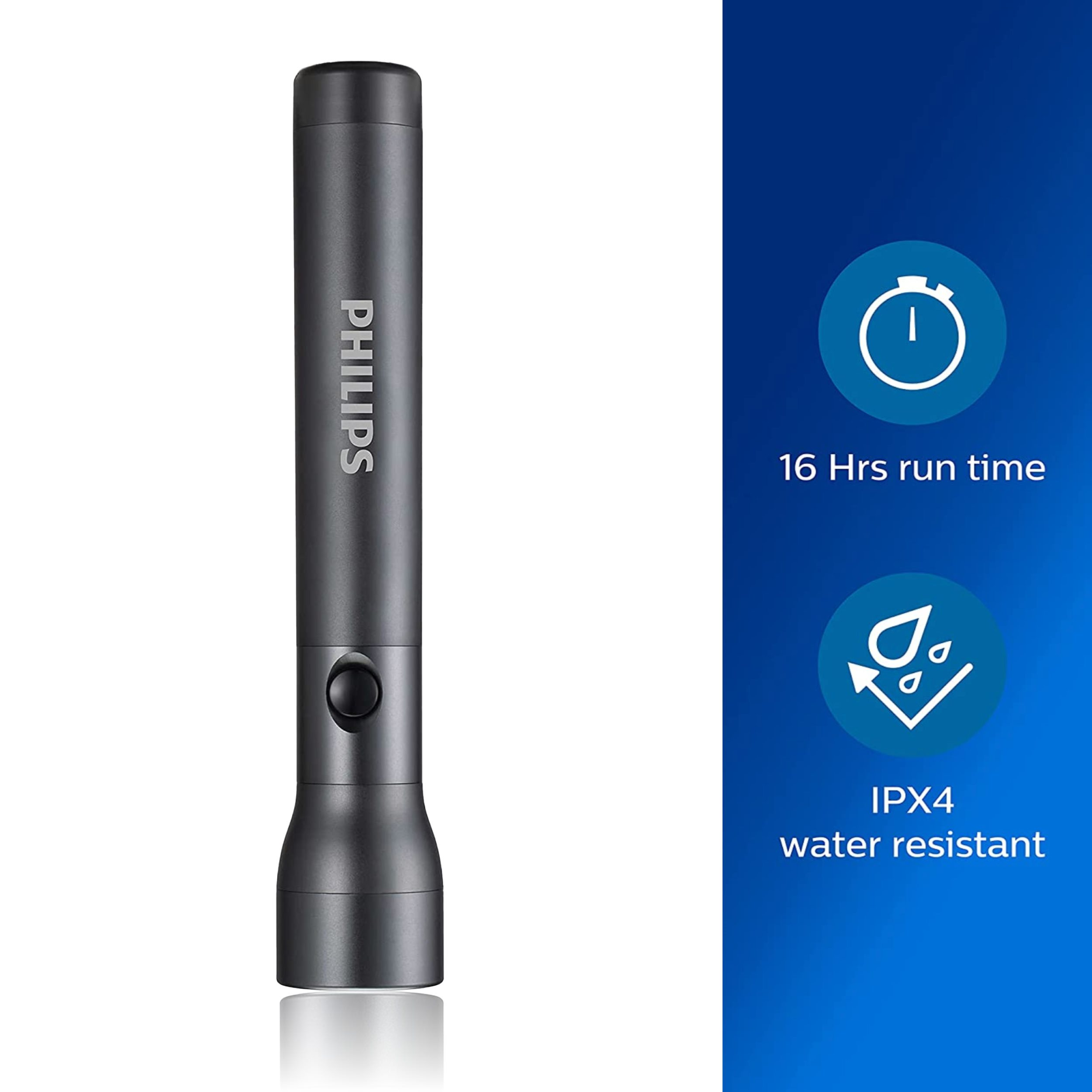 Una torcia Philips grigia con un pulsante e un pannello blu che mostra 16 ore di autonomia e resistenza all'acqua IPX4.