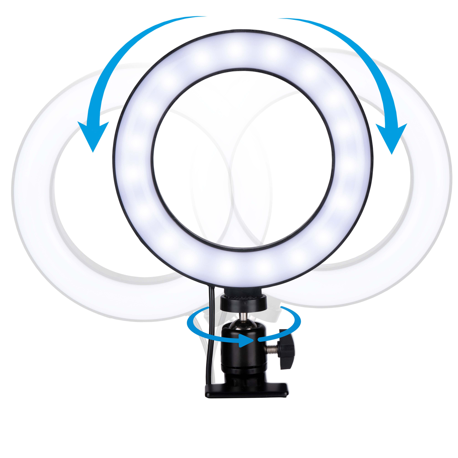 Ein Ringlicht mit Pfeilen, die die Drehung anzeigen. Das Licht ist schwarz und weiß und auf einem schwarzen Ständer montiert. Der Hintergrund ist weiß.