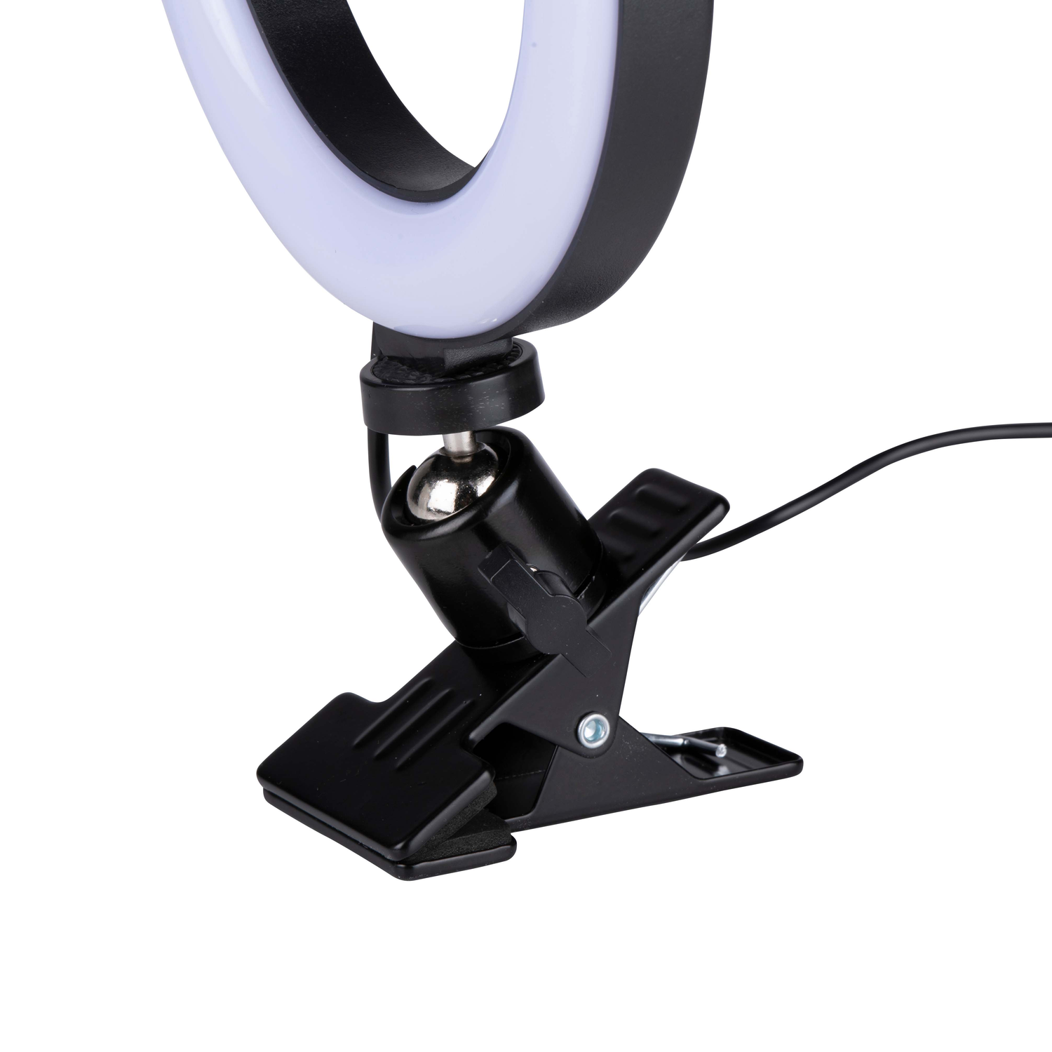 Ein schwarzes Ringlicht mit Klemme und Netzkabel. Das Licht ist weiß und der Hintergrund ist weiß.