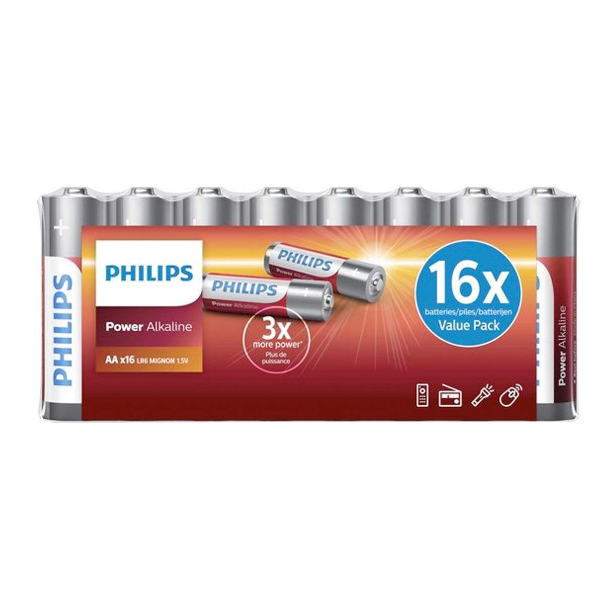 Opakowanie baterii Philips Power Alkaline. Opakowanie zawiera 16 baterii z napisem '3x więcej mocy'.