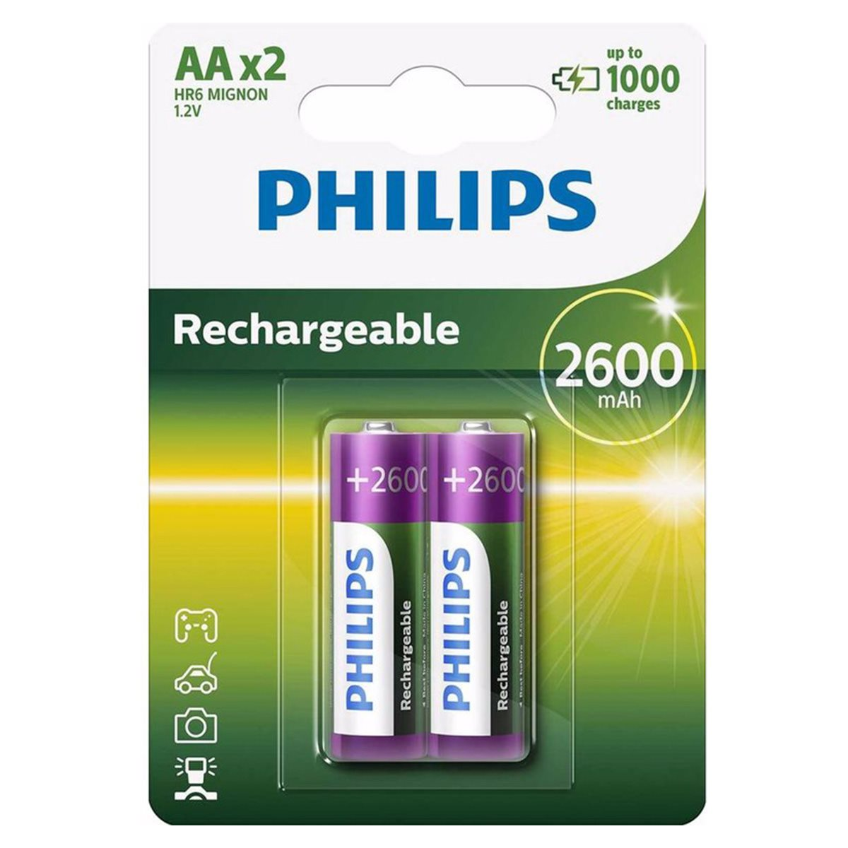 Akumulatory AA Philips w zielono-białym opakowaniu. Opakowanie pokazuje dwa akumulatory z +2600 mAh.