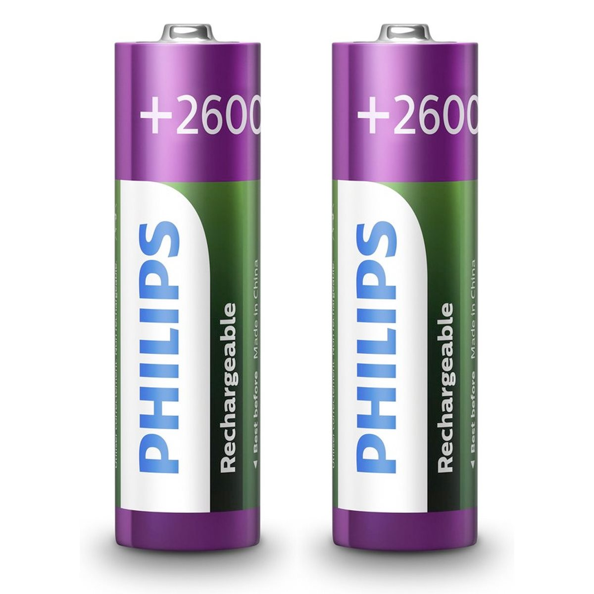 Dwie baterie akumulatorowe Philips z fioletowymi i zielonymi etykietami, stojące obok siebie na białym tle.