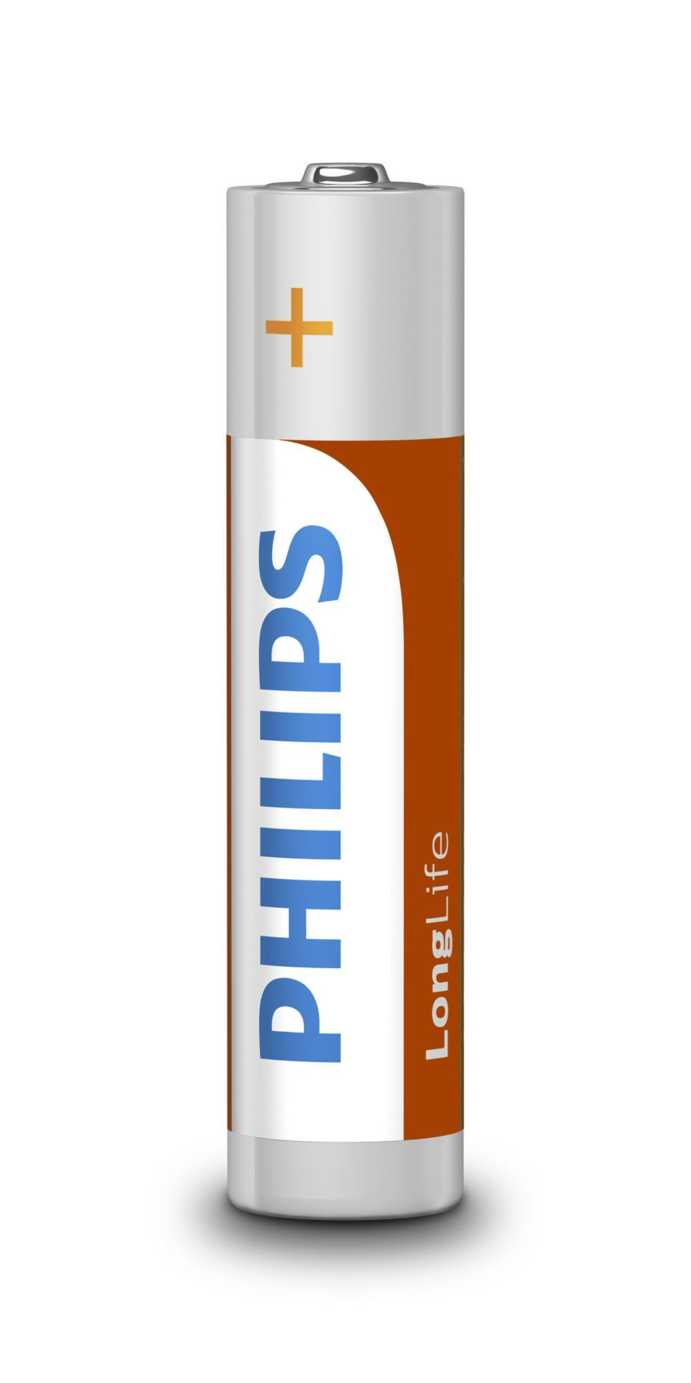 Een Philips LongLife batterij. Witte cilinder met bruin accent. Blauwe 'PHILIPS'-tekst. Gouden plusteken. 'LongLife'-tekst.