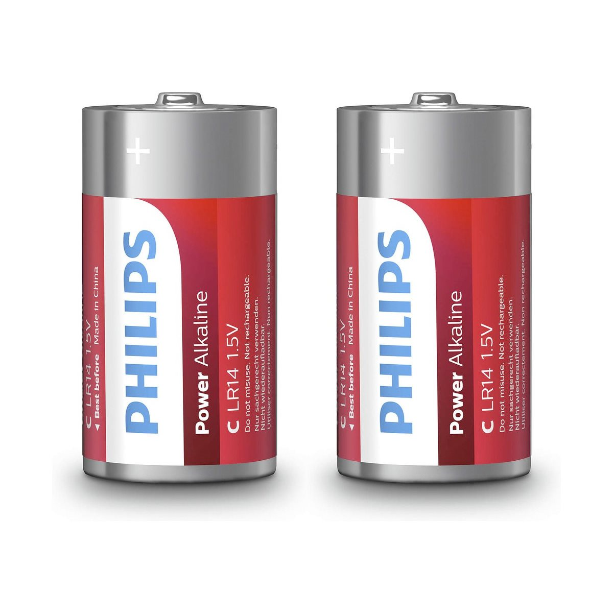 Dos pilas Philips C LR14 1.5V. Tapa plateada, etiqueta roja y blanca. Texto: Power Alkaline, No recargable, Made in China.