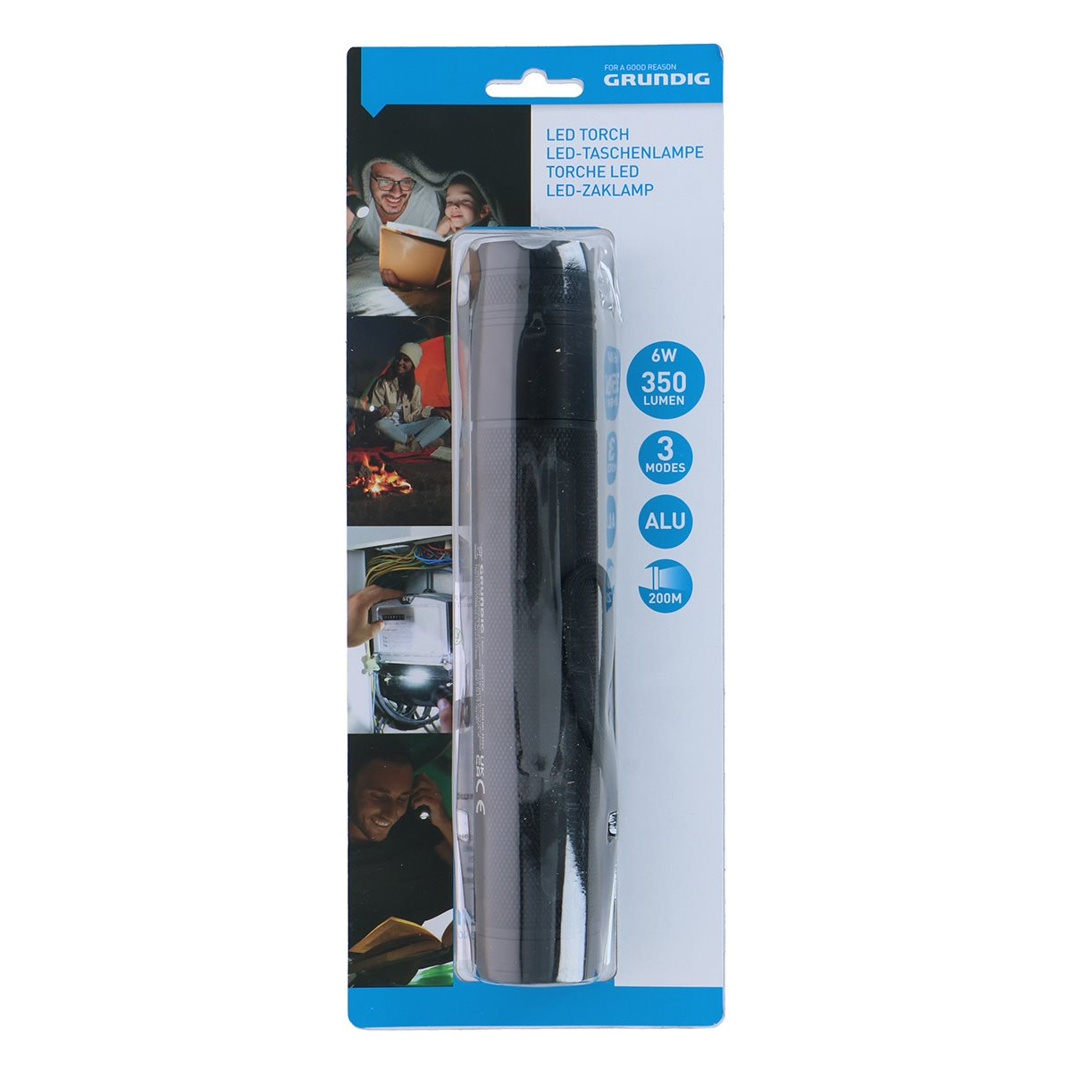 A Grundig LED torch package. It shows the torch, with images of it in use. It has 3 modes, 350 lumens, and 200m range.