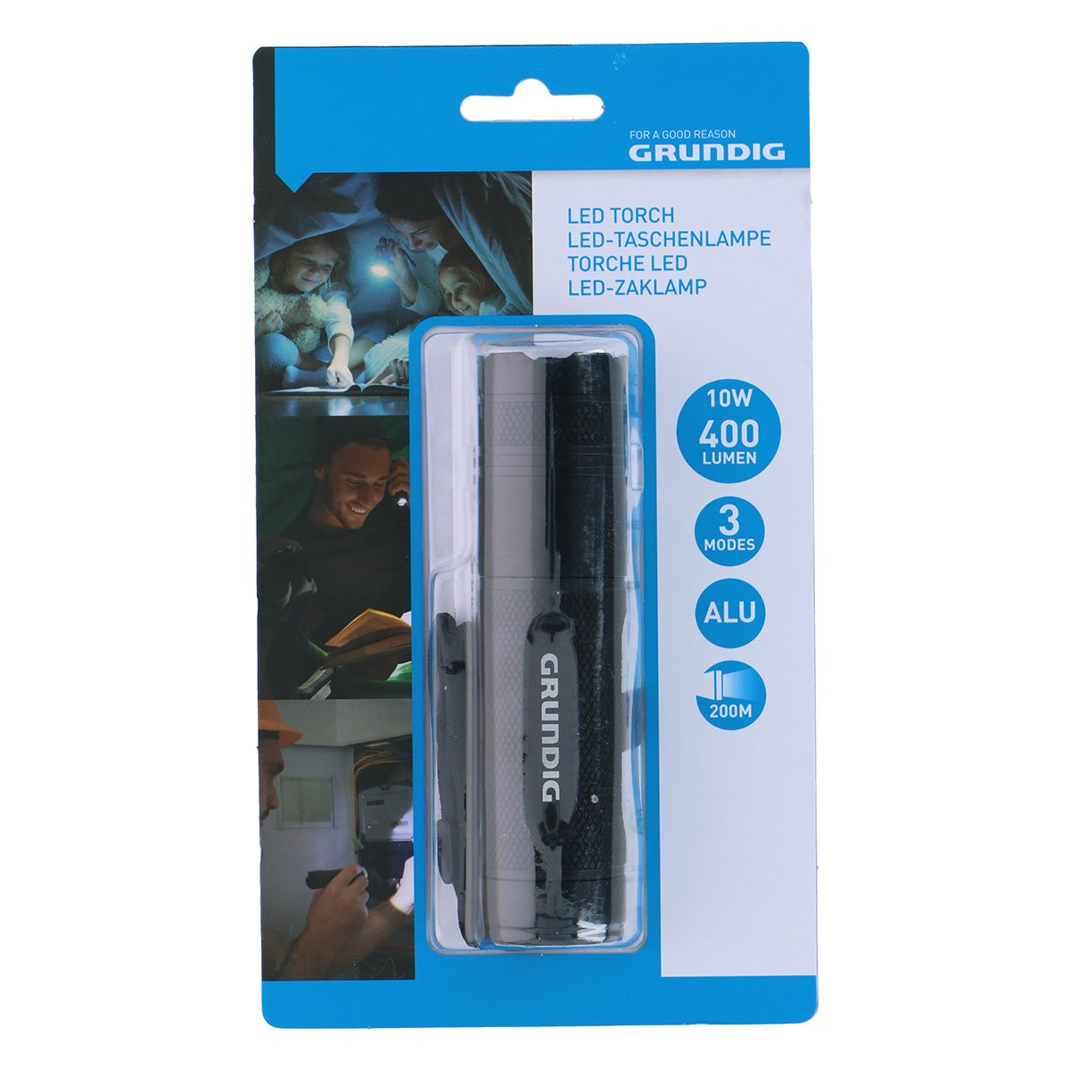 Een Grundig LED-zaklampverpakking. Het bevat een zwarte en grijze zaklamp, met details als 10W, 400 lumen en 3 standen.