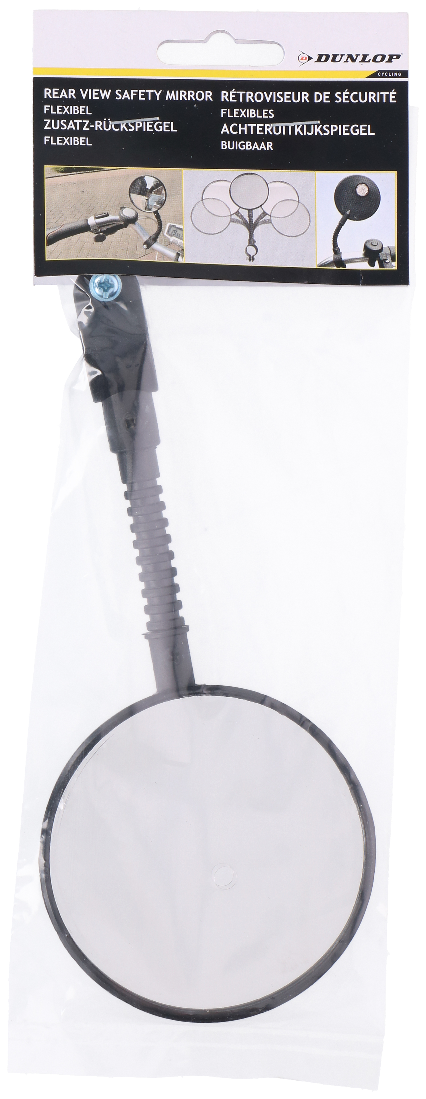 Ein Fahrrad-Rückspiegel in einer Plastiktüte. Der Spiegel ist schwarz und rund mit einem flexiblen Hals. Die Verpackung hat Text.