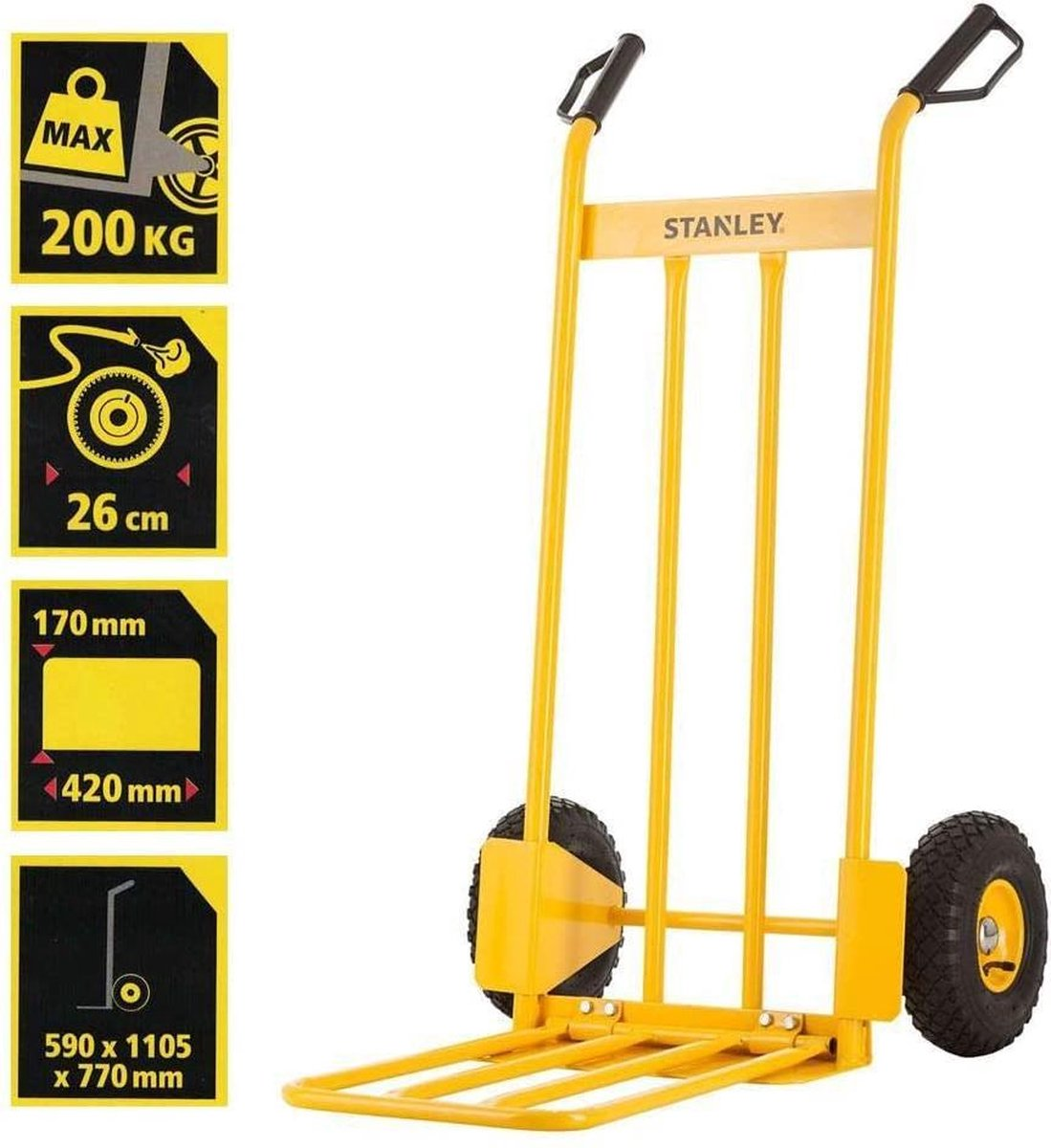 Carretilla Stanley amarilla. Asas y ruedas negras e información de dimensiones a la izquierda. Peso máximo 200 kg. Dimensiones: 590x1105x770 mm.