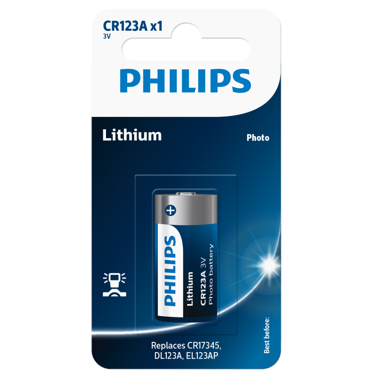 Una batteria al litio Philips CR123A per foto è mostrata nella sua confezione. La confezione è blu e bianca, con il logo Philips.