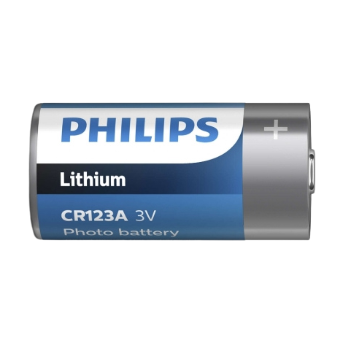 Una batteria al litio Philips CR123A 3V per foto. È cilindrica con un'etichetta blu e bianca. L'estremità positiva è argentata.