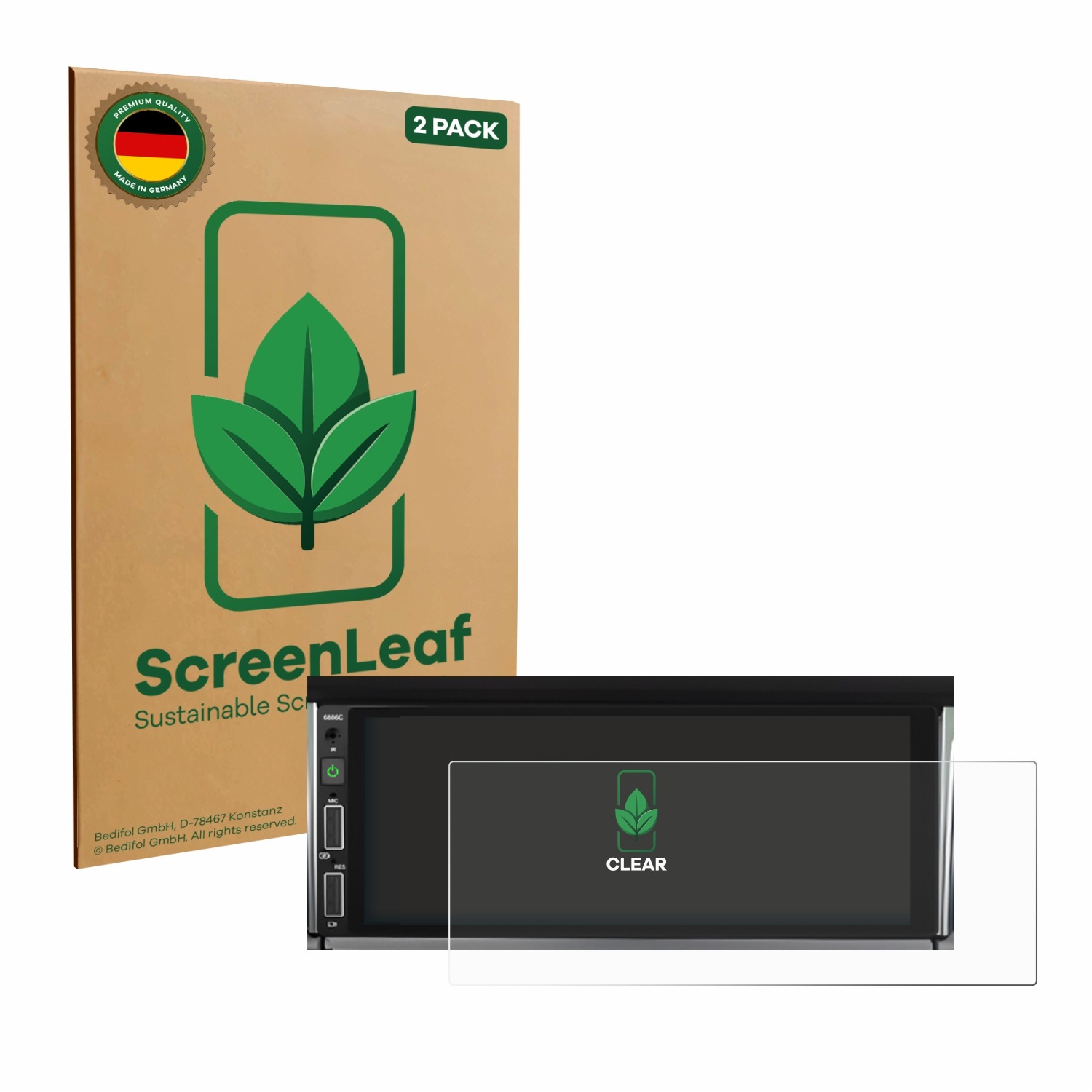 Eine Displayschutzfolienbox mit einem Blattlogo, ein Auto-Display und eine klare Displayschutzfolie auf weißem Hintergrund.