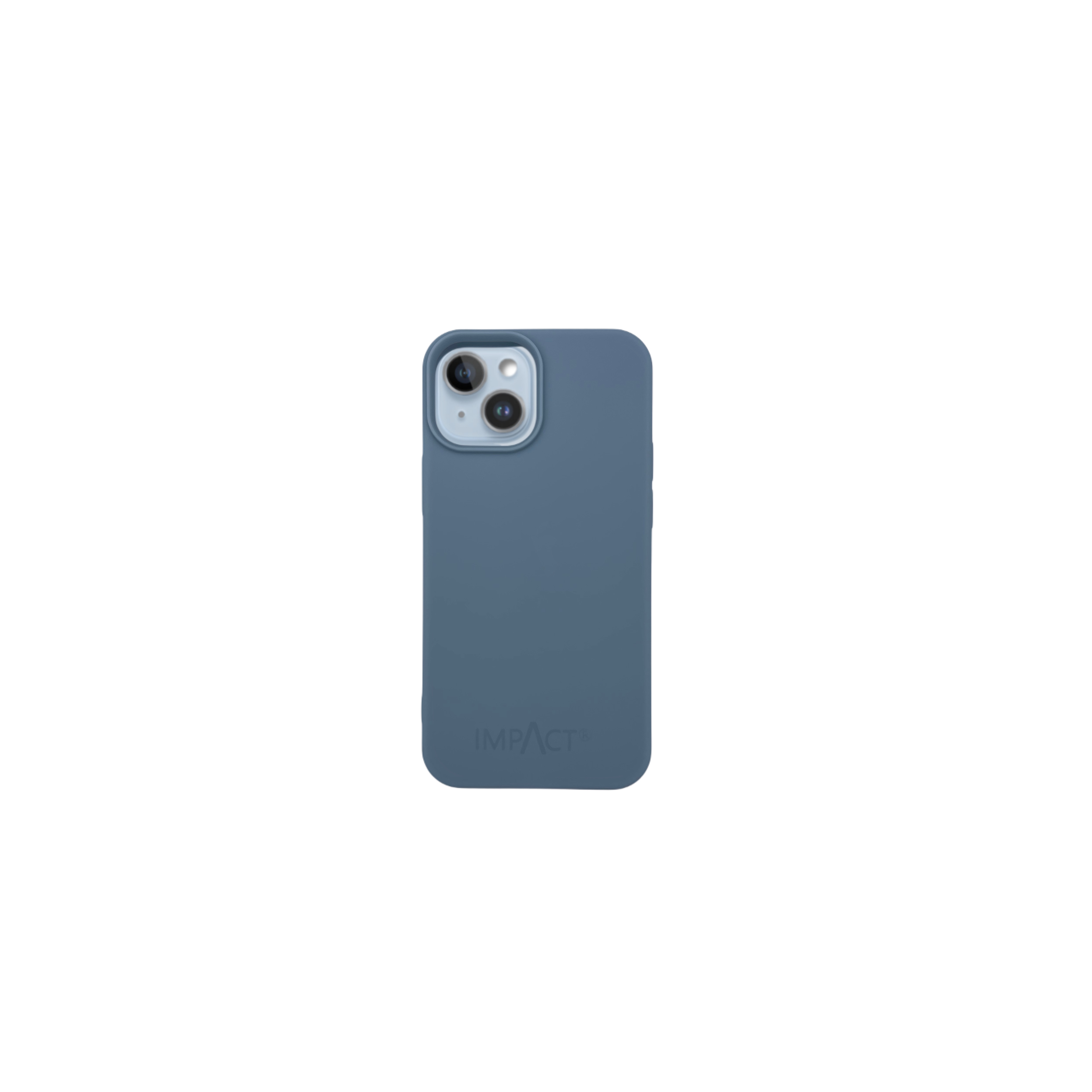 Una custodia blu con il logo Impact è centrata. La fotocamera del telefono è visibile sopra.