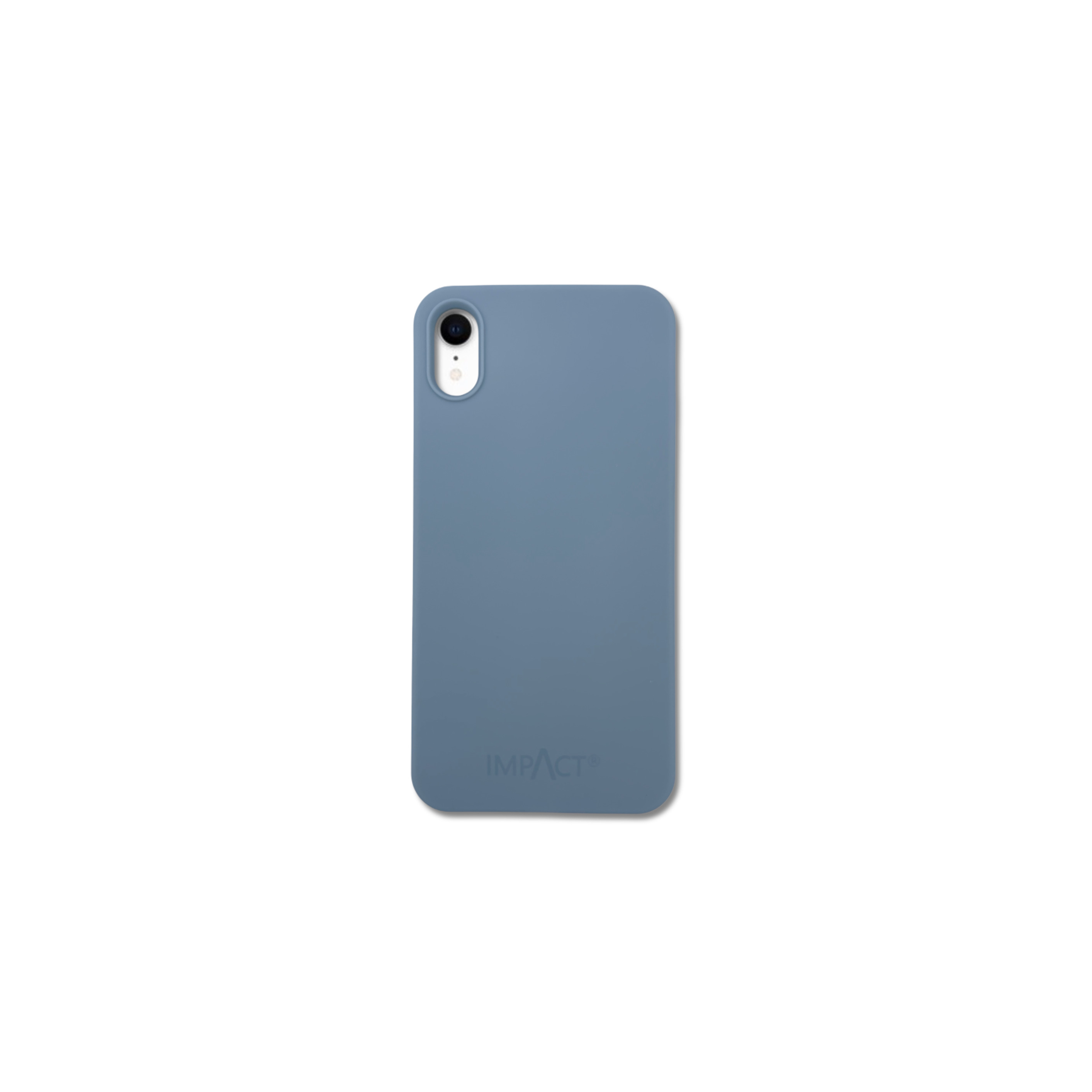Una custodia blu per telefono su sfondo bianco. Ha un'apertura per la fotocamera in alto a sinistra e la scritta IMPACT in basso.