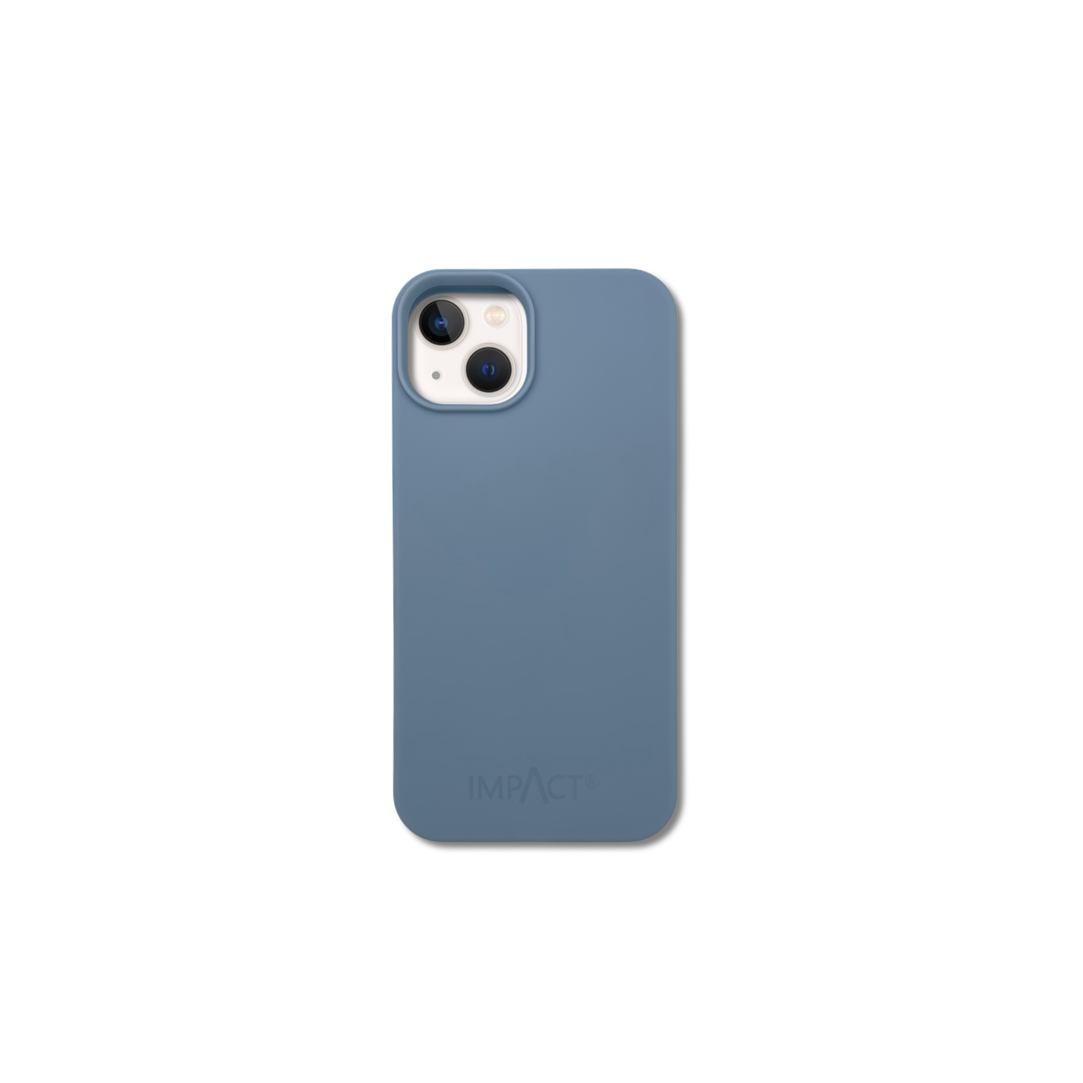 Una custodia blu per telefono con ritagli per la fotocamera, il marchio IMPACT è stampato in basso. Lo sfondo è bianco.