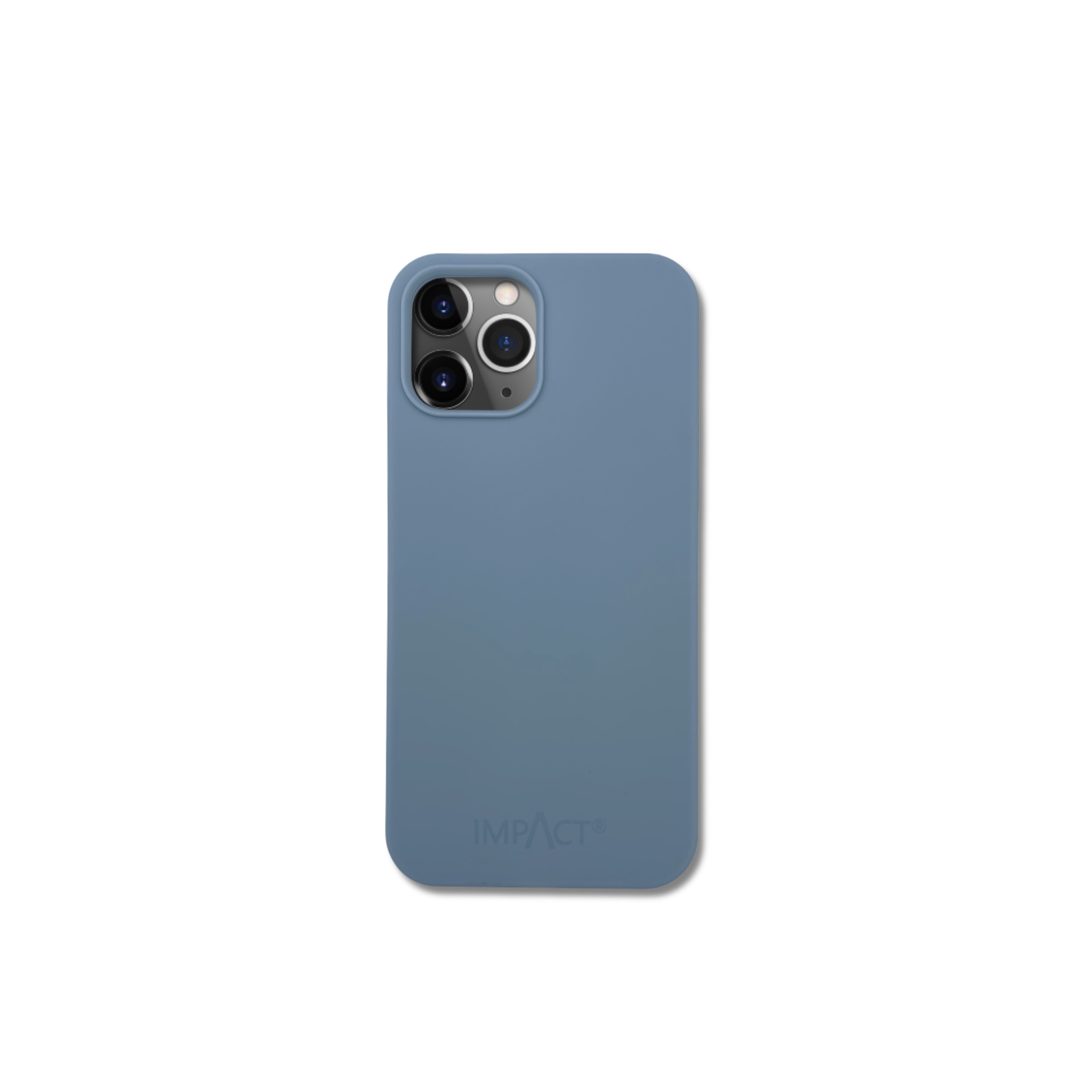 Una custodia blu per telefono su sfondo bianco. Ha tre obiettivi e la scritta IMPACT.