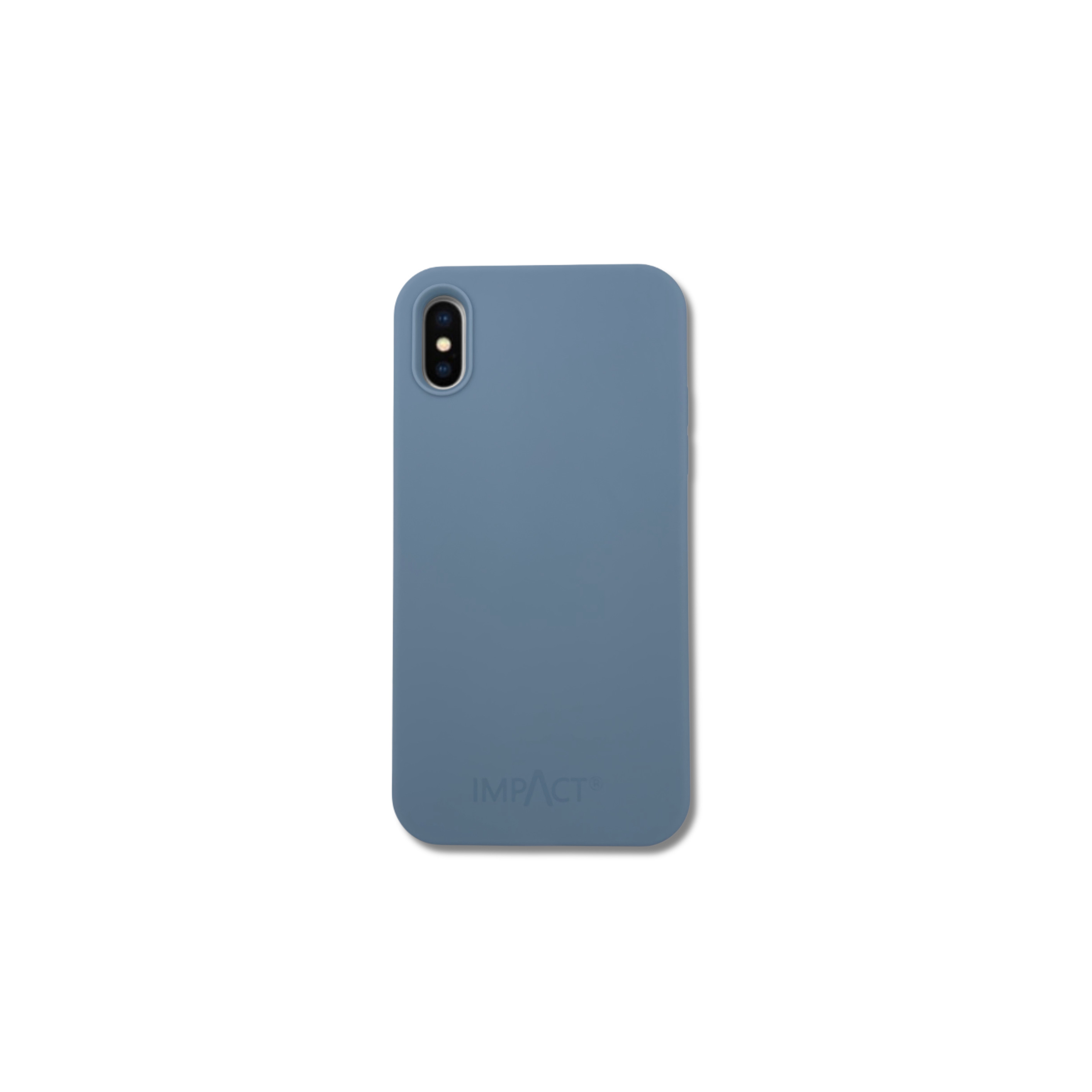 Una custodia blu per telefono con la scritta IMPACT in basso. La fotocamera del telefono è visibile in alto a sinistra.