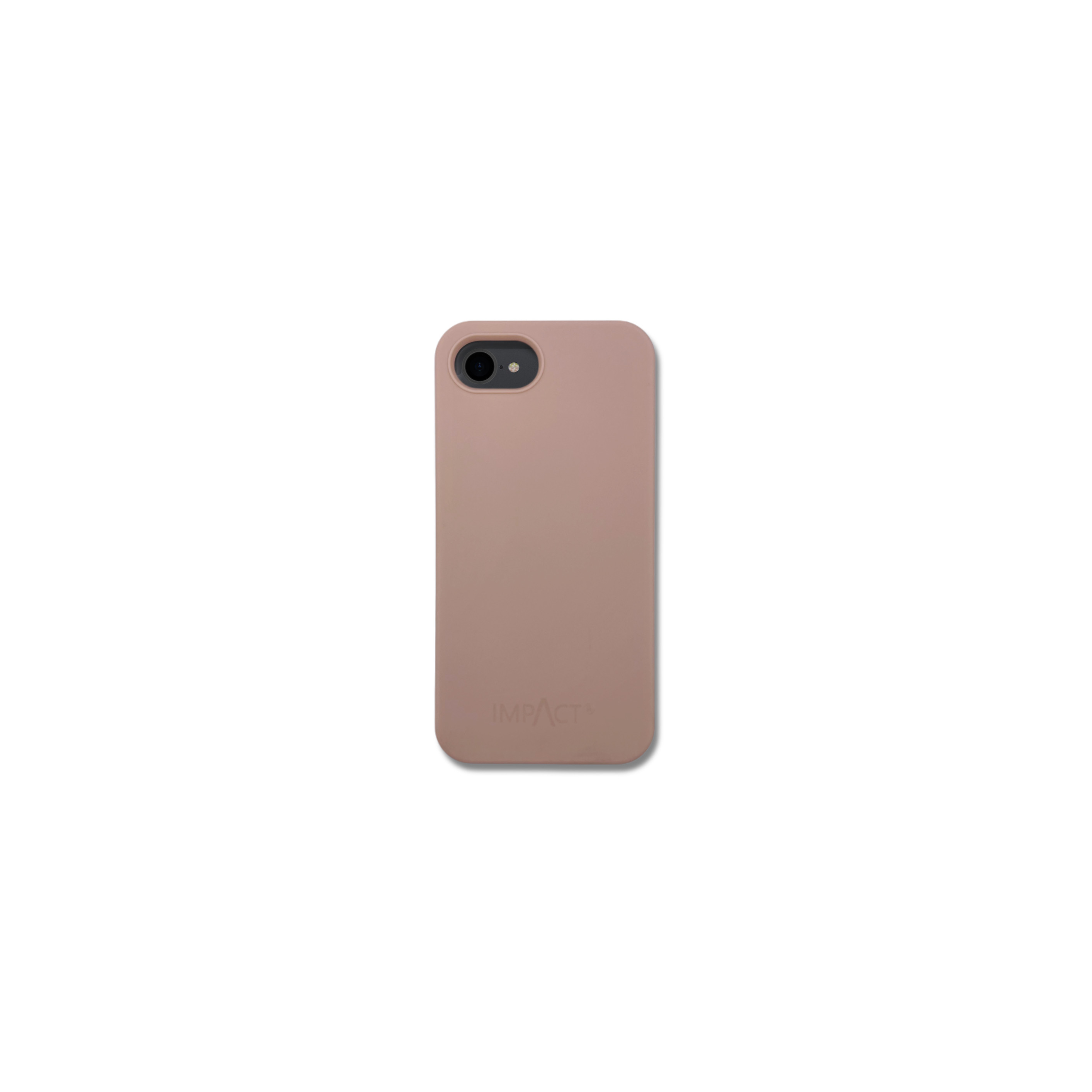 Una custodia per telefono marrone chiaro su sfondo bianco. La custodia ha un'apertura per la fotocamera e la parola IMPACT.