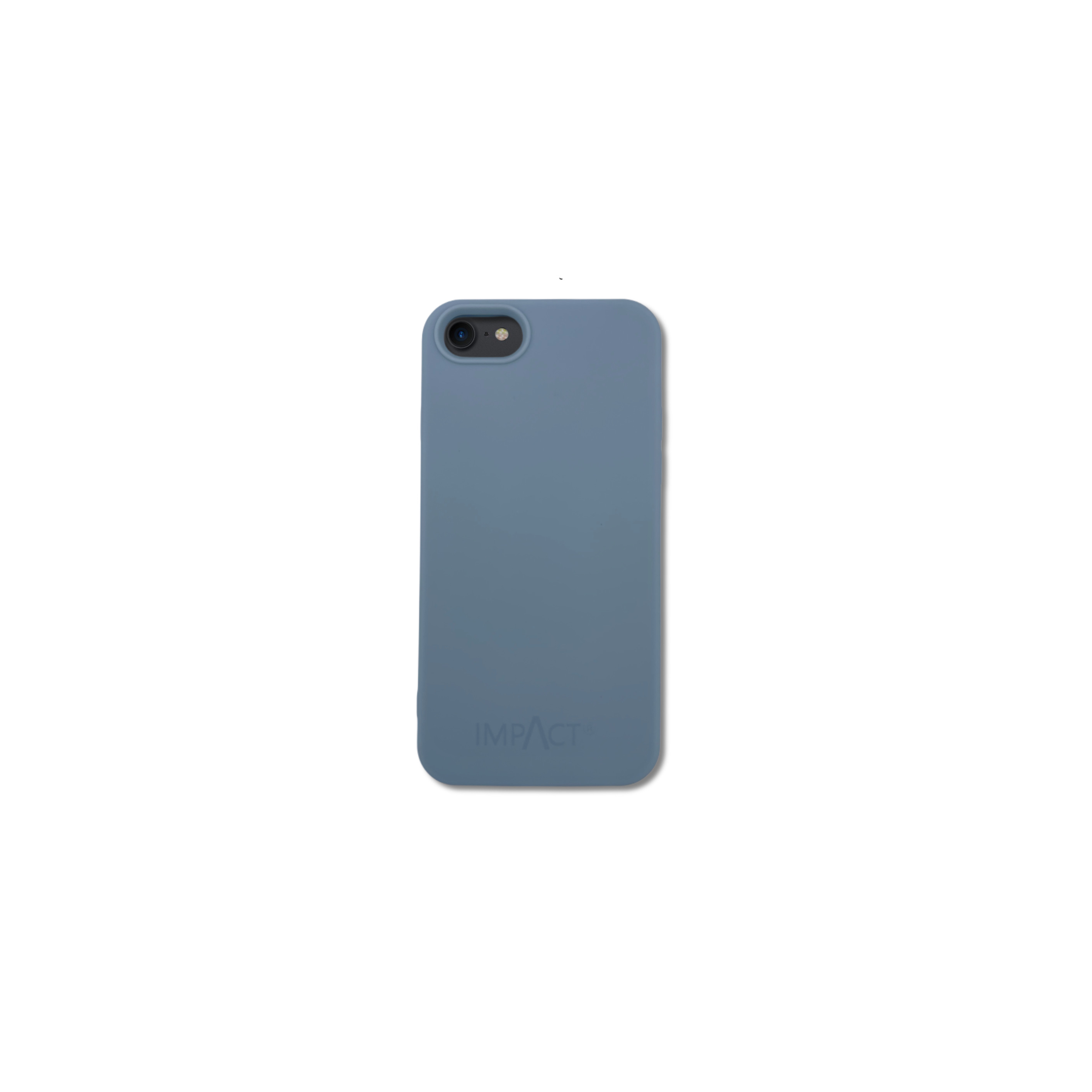 Una custodia blu per telefono con il logo IMPACT su sfondo bianco. La custodia ha un foro per la fotocamera.