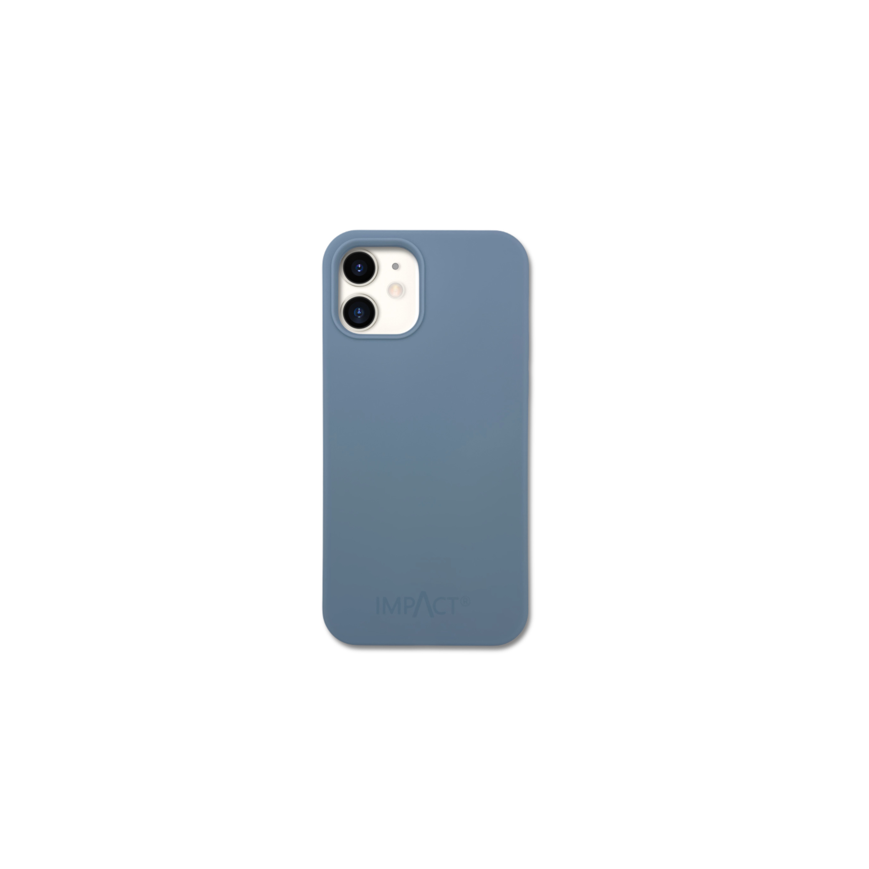 Una custodia blu per telefono con due fori per la fotocamera e la parola IMPACT. Lo sfondo è bianco.