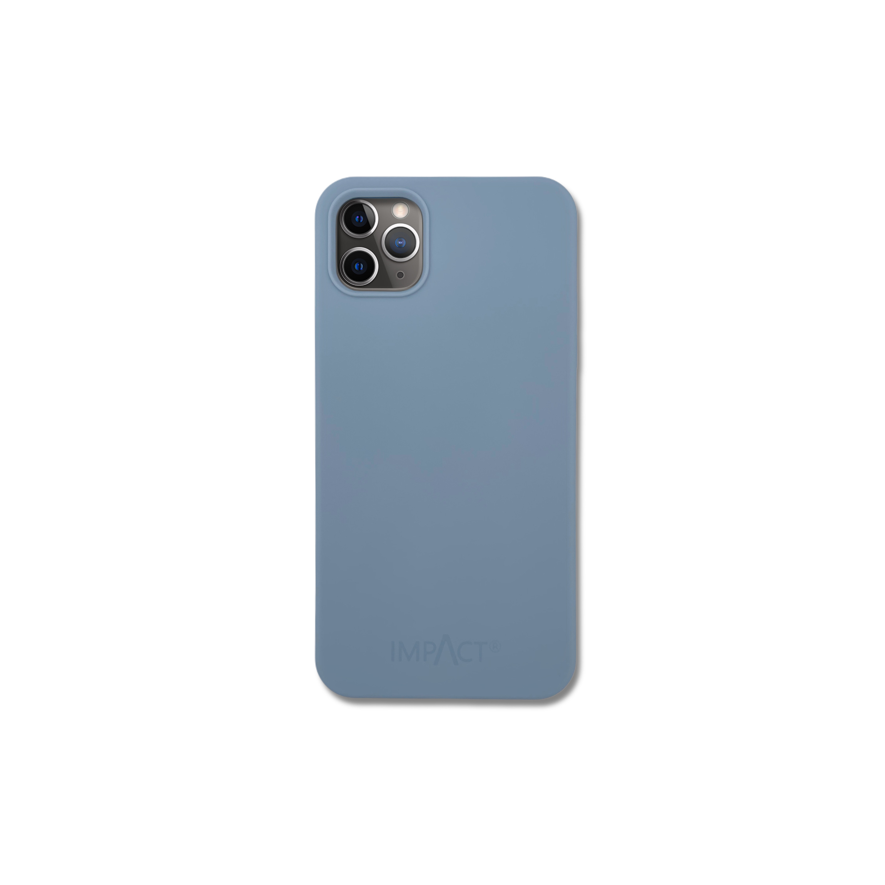 Una custodia per telefono azzurra con modulo fotocamera. La parola IMPACT è in basso. Lo sfondo è bianco.