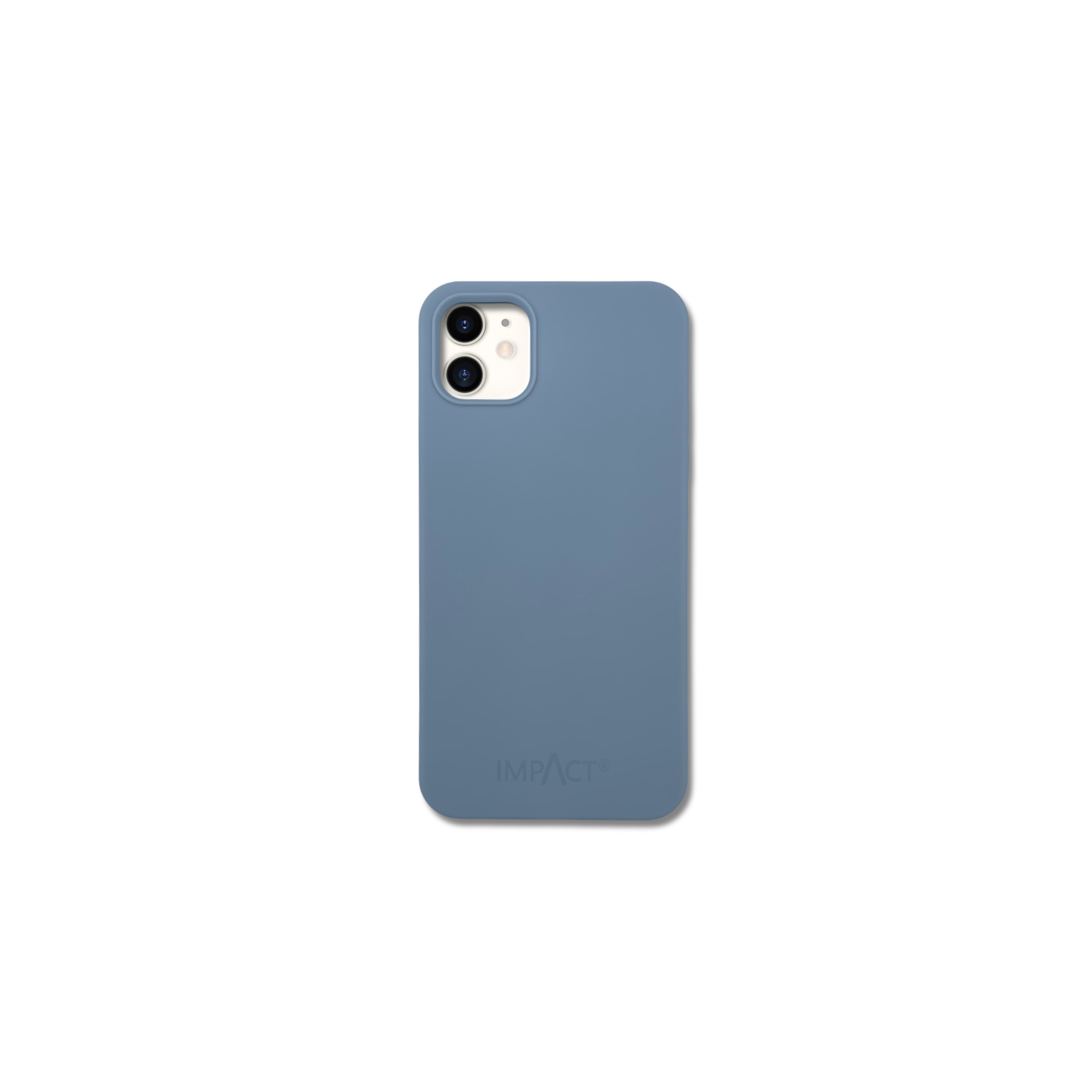 Custodia blu per telefono su bianco. Ha due obiettivi, un flash e il logo IMPACT in basso.