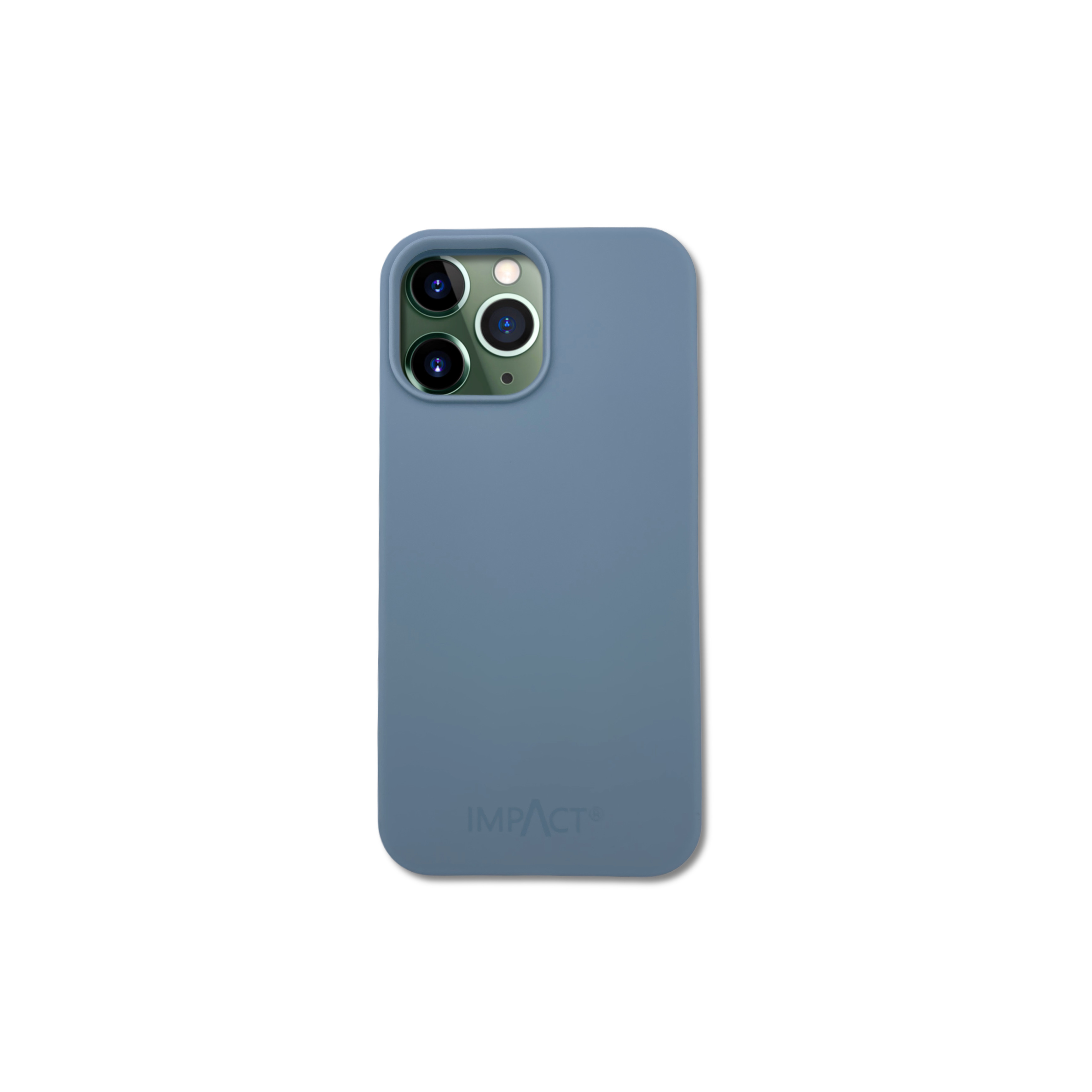 Una custodia blu per telefono con il logo IMPACT. Ha una protuberanza con tre obiettivi.