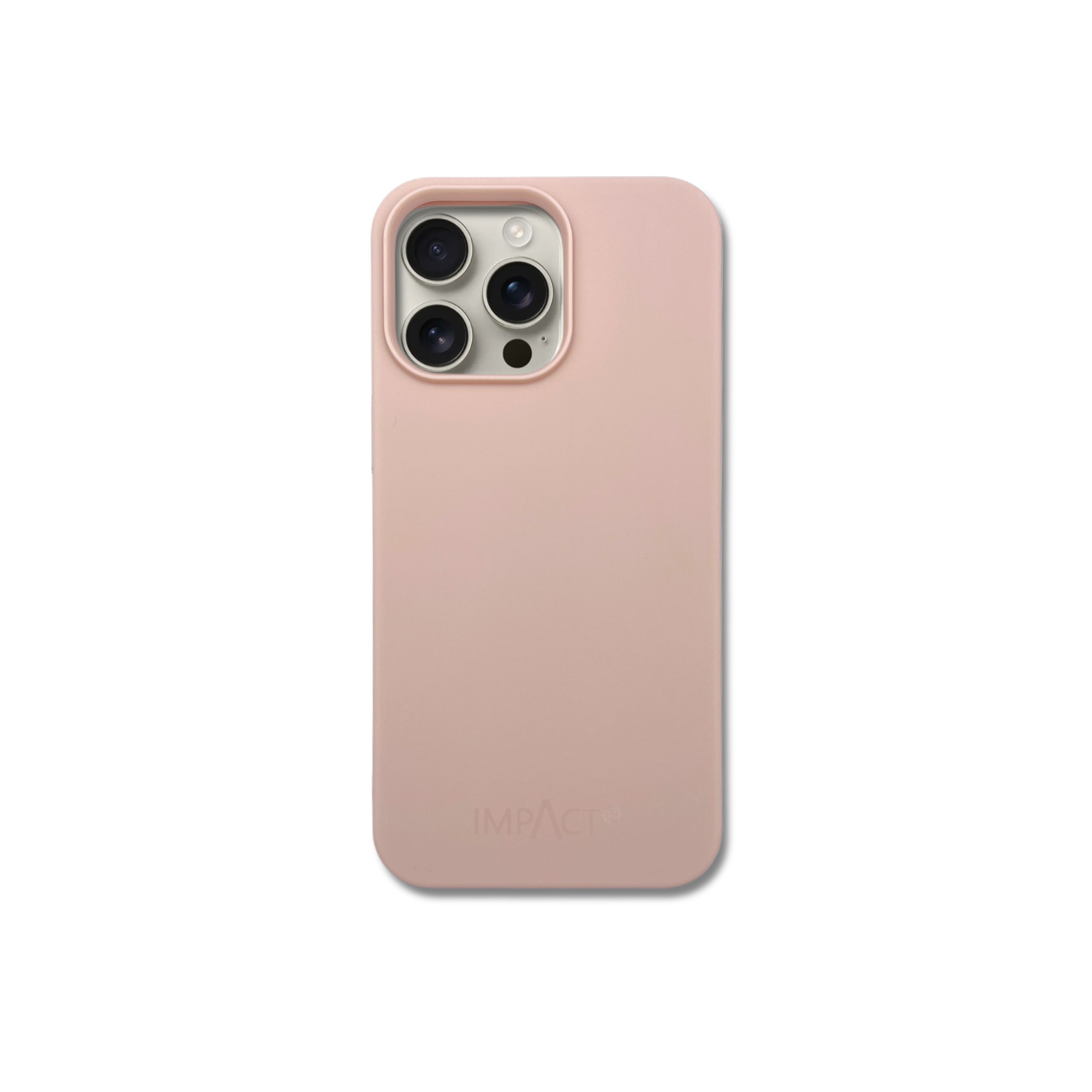 Una custodia per telefono rosa con ritagli per fotocamera su sfondo bianco. Il marchio IMPACT è stampato in basso.
