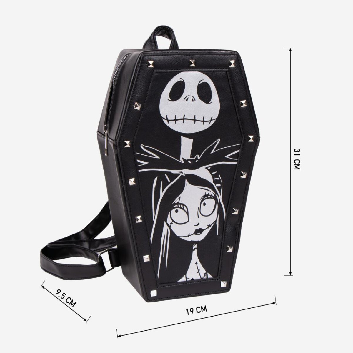 Mochila negra en forma de ataúd con Jack Skellington y Sally de The Nightmare Before Christmas, dimensiones: 19x9,5x31cm.