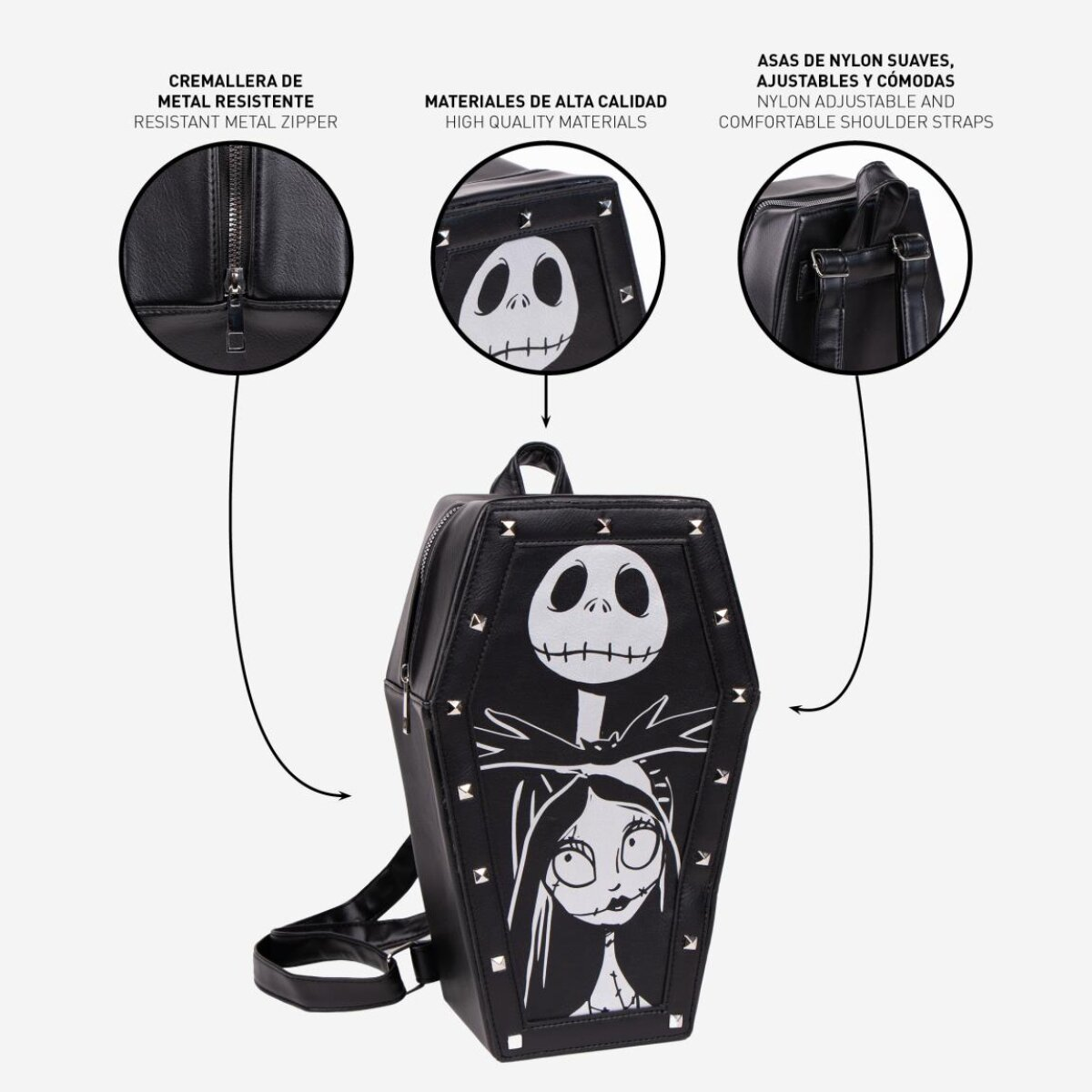 Mochila negra en forma de ataúd con diseño de Jack y Sally. Detalles: cremallera metálica, materiales de alta calidad y correas de nailon ajustables.