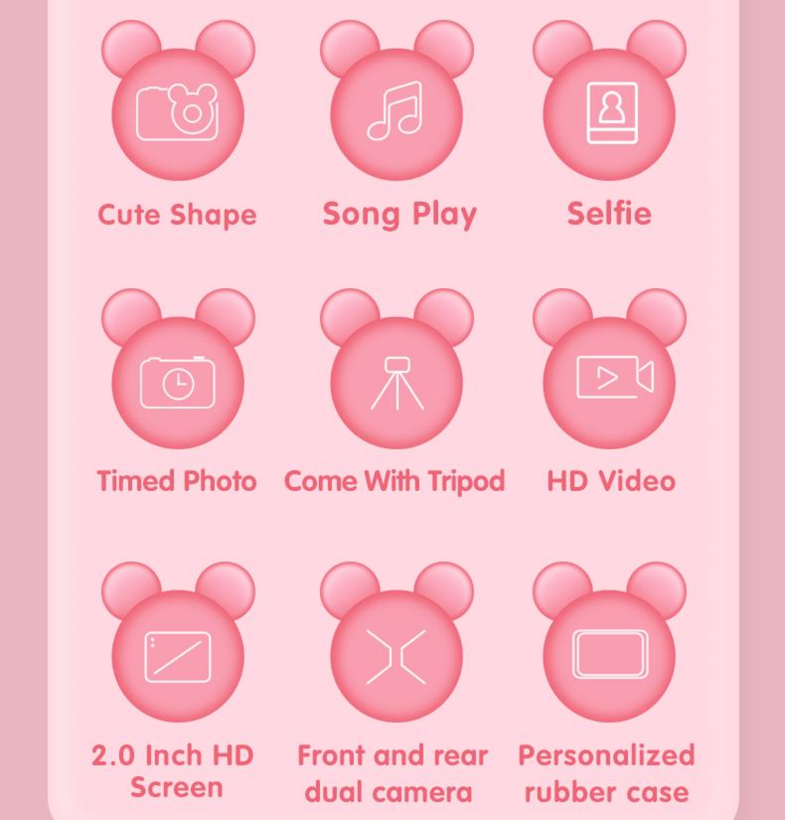 Rosa Icons auf rosa Hintergrund. Merkmale sind niedliche Form, Song Play, Selfie, Zeitgesteuerte Fotos, Stativ, HD-Video und andere.
