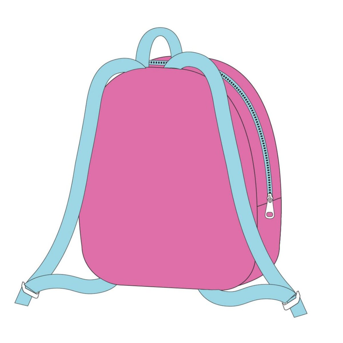 Una mochila rosa con correas celeste y cremallera sobre fondo blanco.