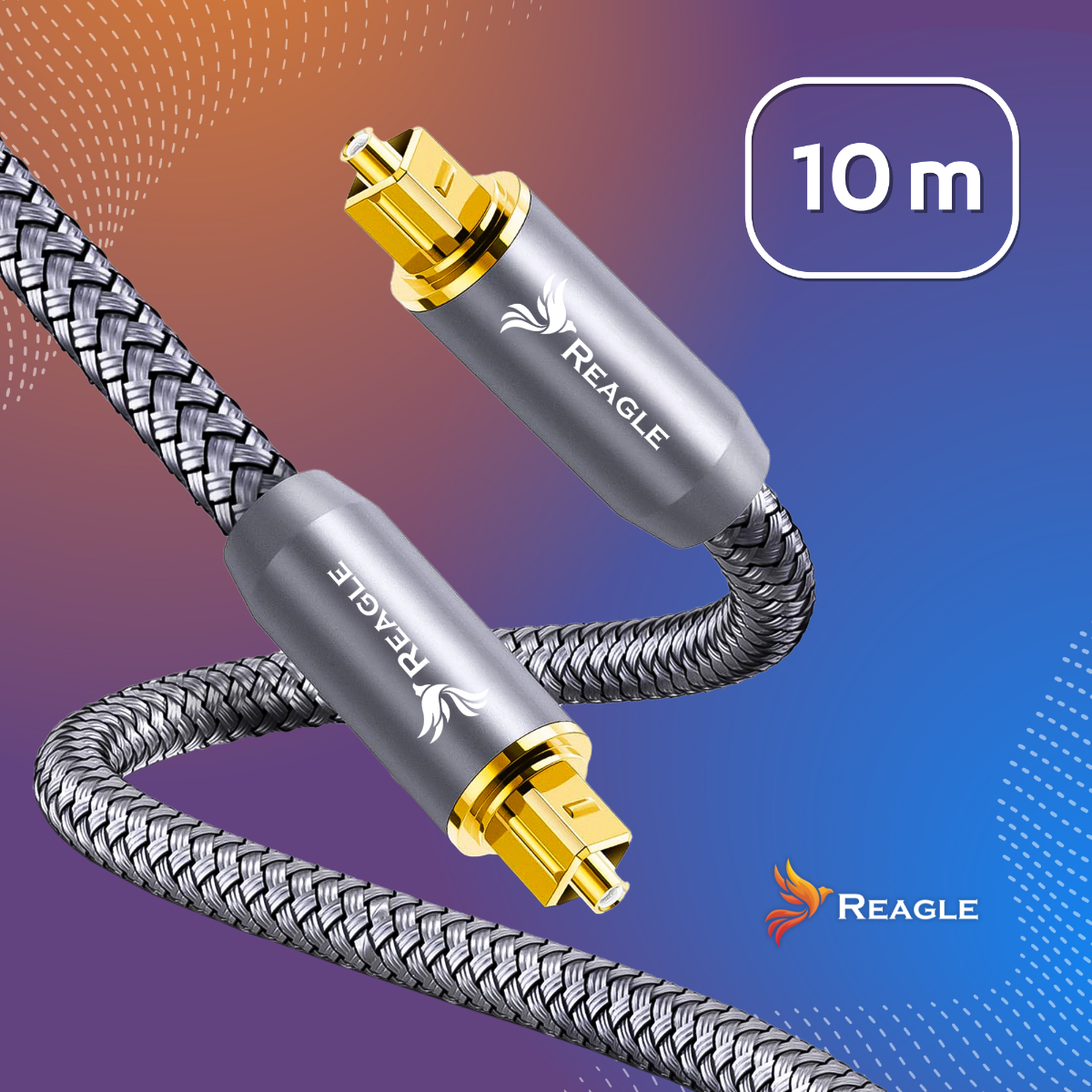 Srebrny i złoty kabel audio z plecionym wzorem, logo 'REAGLE' i etykietą '10 m'. Tło gradientowe fioletowo-niebieskie.