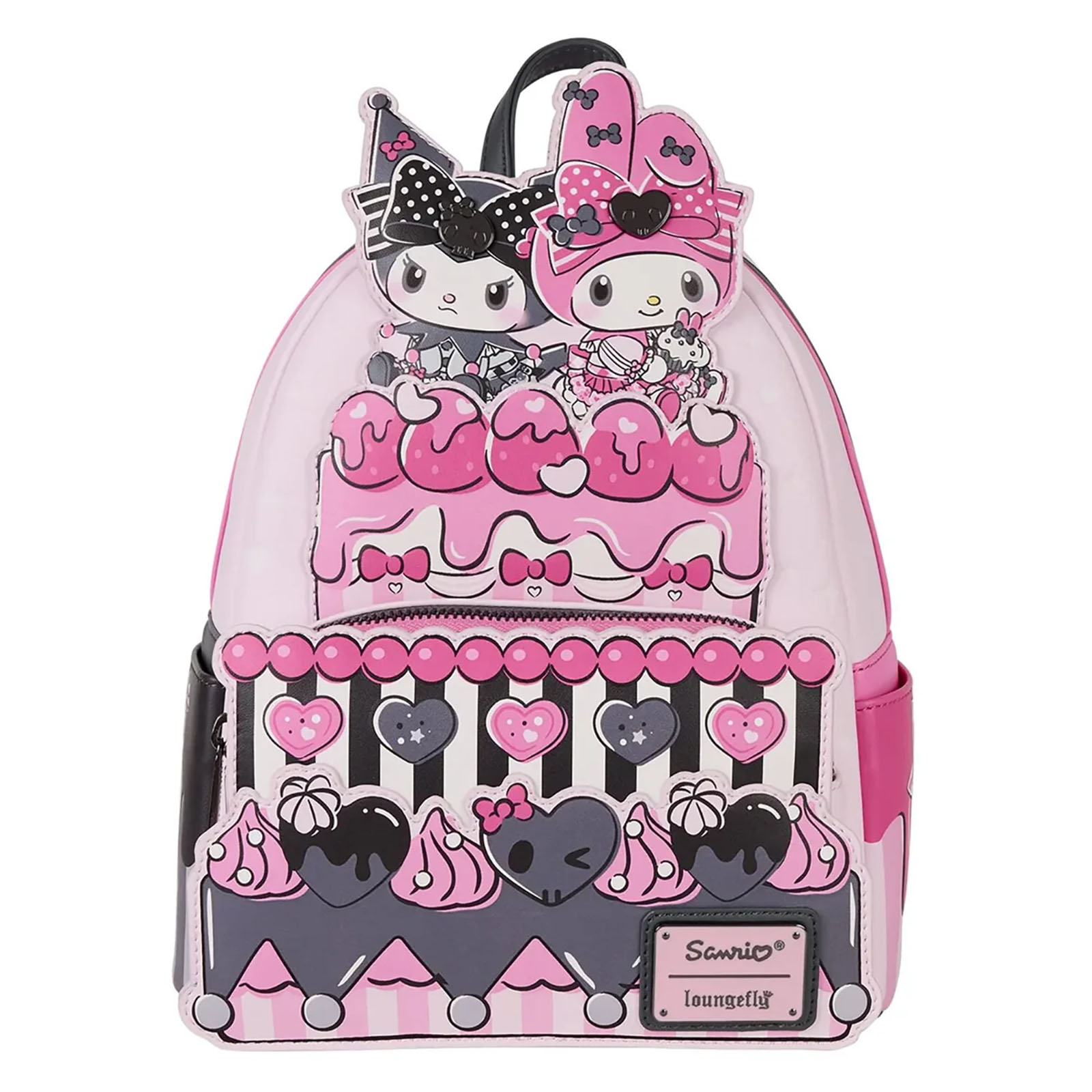 Ein rosa Rucksack mit Sanrio-Charakteren. Er hat ein Kuchen-Design mit Kuromi und My Melody. Die Tasche ist mit Herzen verziert.