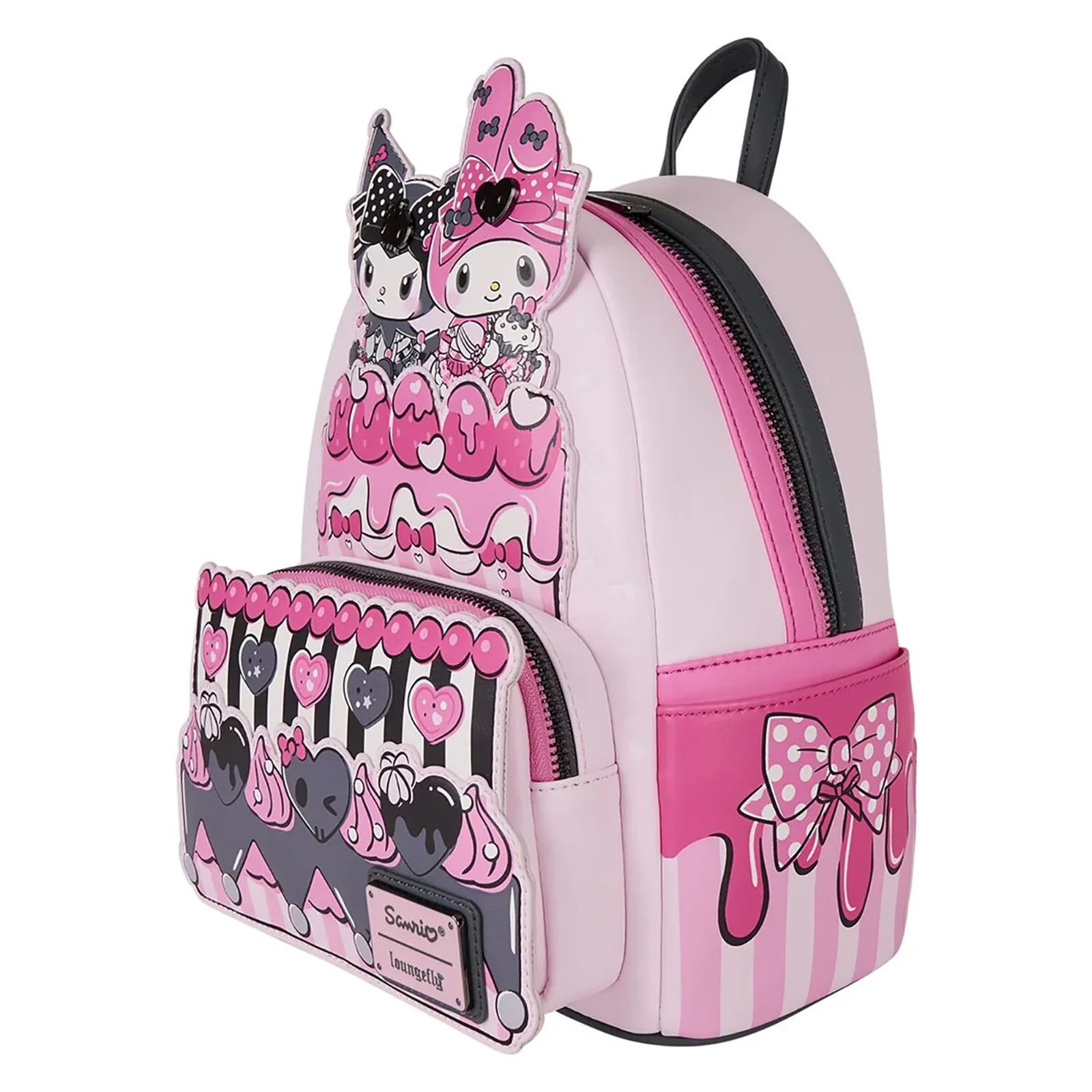 Pinker My Melody-Rucksack mit Cartoon-Figuren, Herz- und Schleifendesigns. Verfügt über einen schwarzen Reißverschluss, einen schwarzen Griff und eine Schleife.