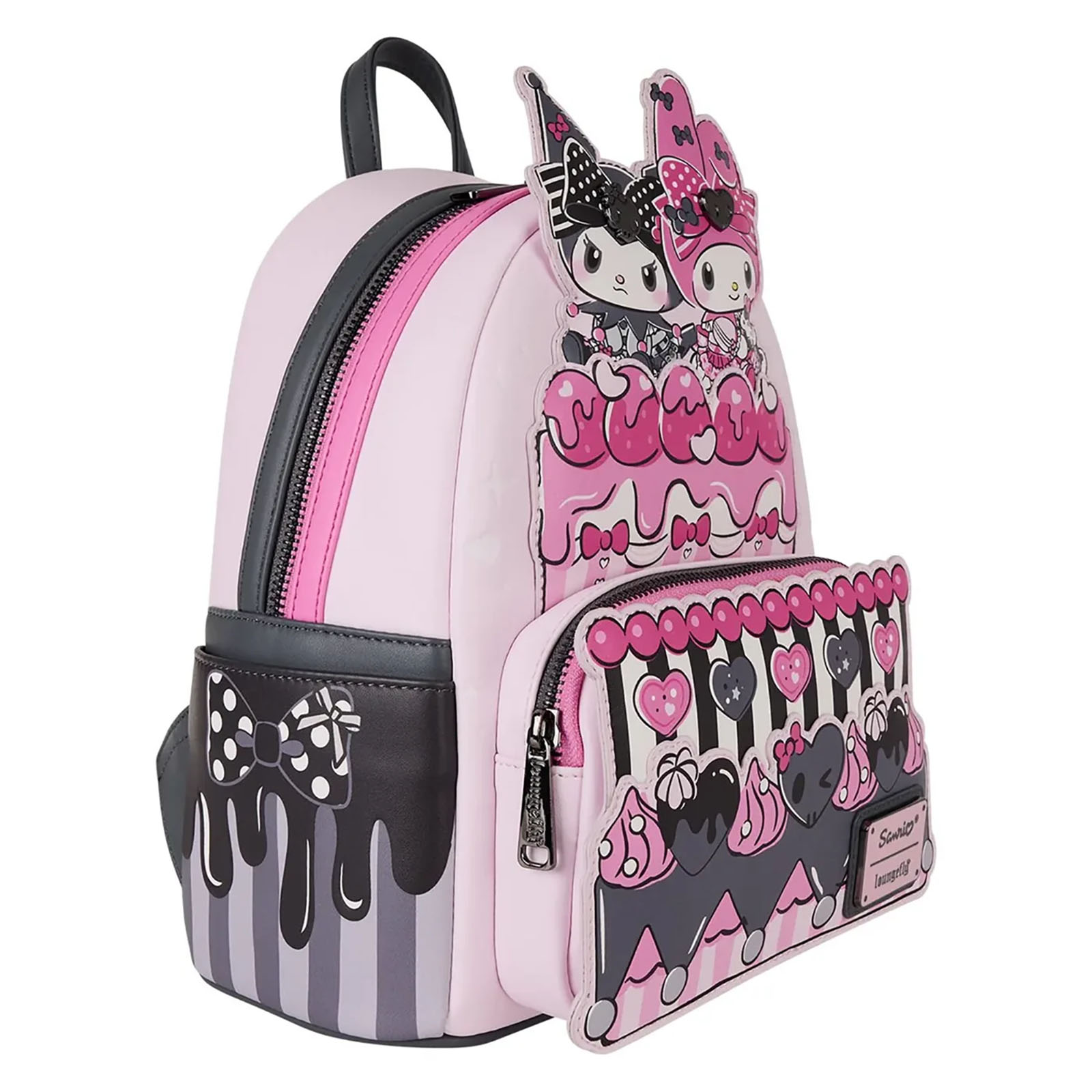 Rosa Rucksack mit My Melody und Kuromi Charakteren. Er hat eine Schleife, ein Kuchen-Design und eine kleine Vordertasche.