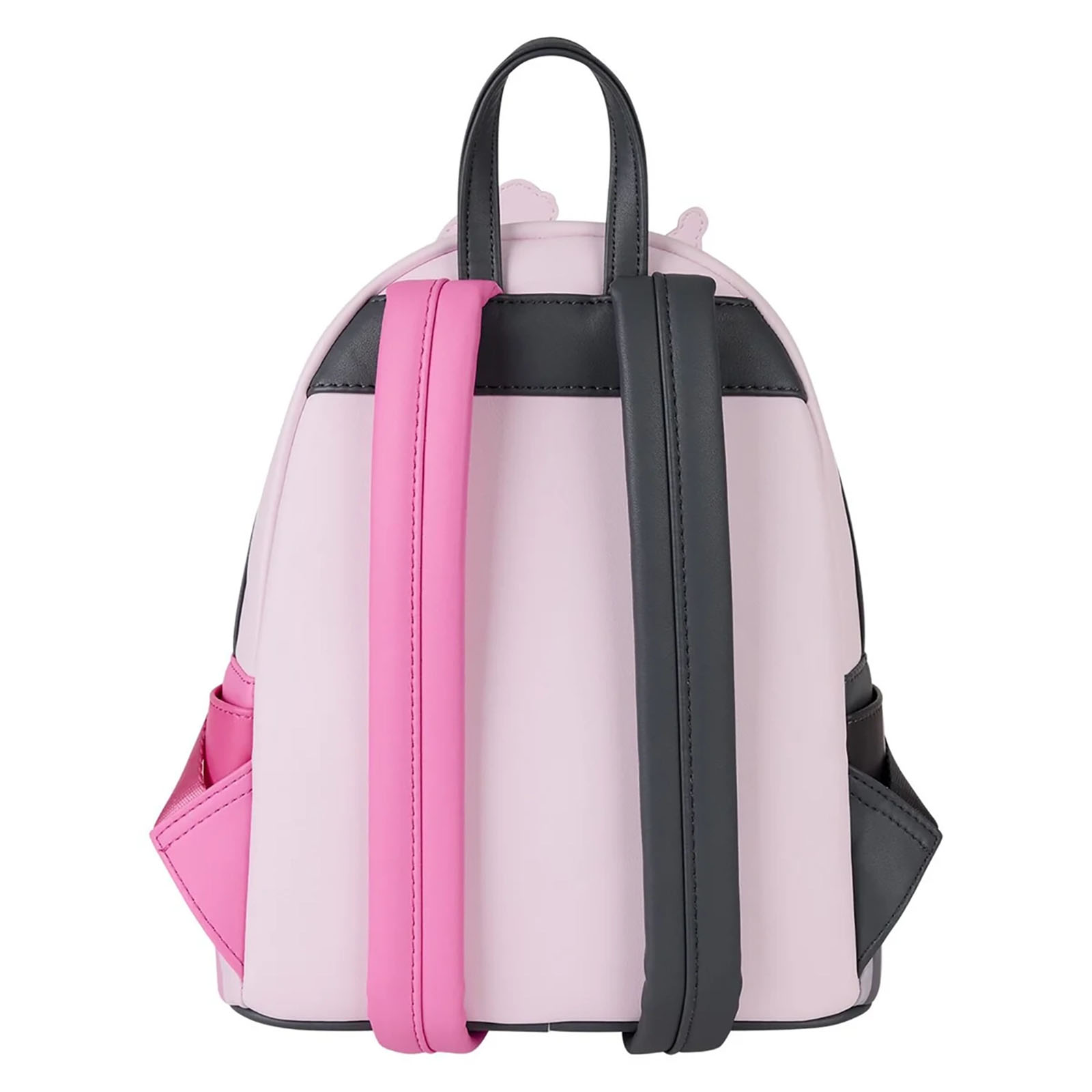 Rosa und grauer Rucksack mit schwarzem Griff und Trägern. Merkmale sind ein rosa Riemen, ein grauer Riemen und eine Seitentasche.