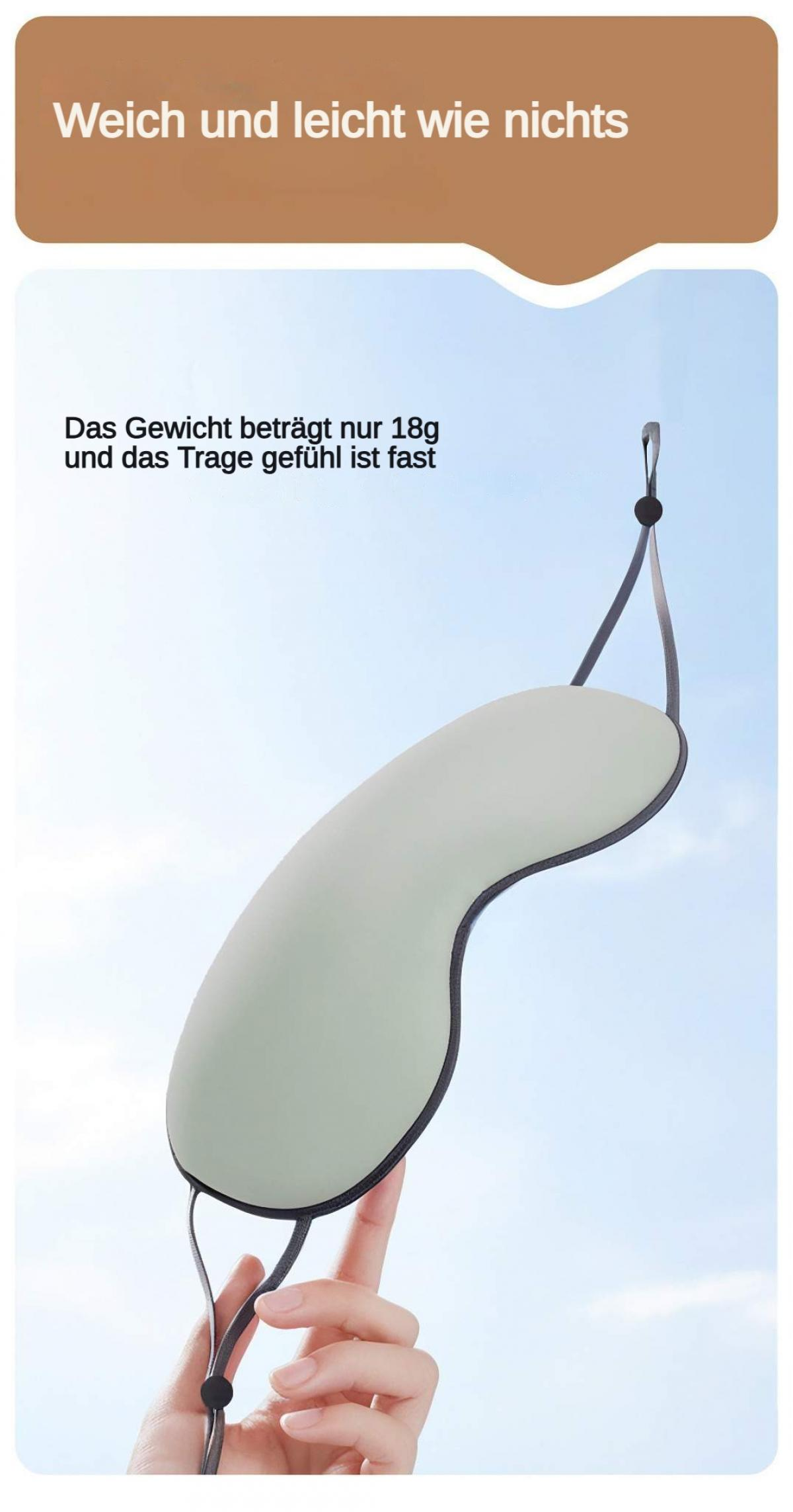 Eine Hand hält eine hellgrüne Augenmaske mit schwarzen Trägern. Text auf Deutsch besagt, dass sie leicht ist und 18 g wiegt.
