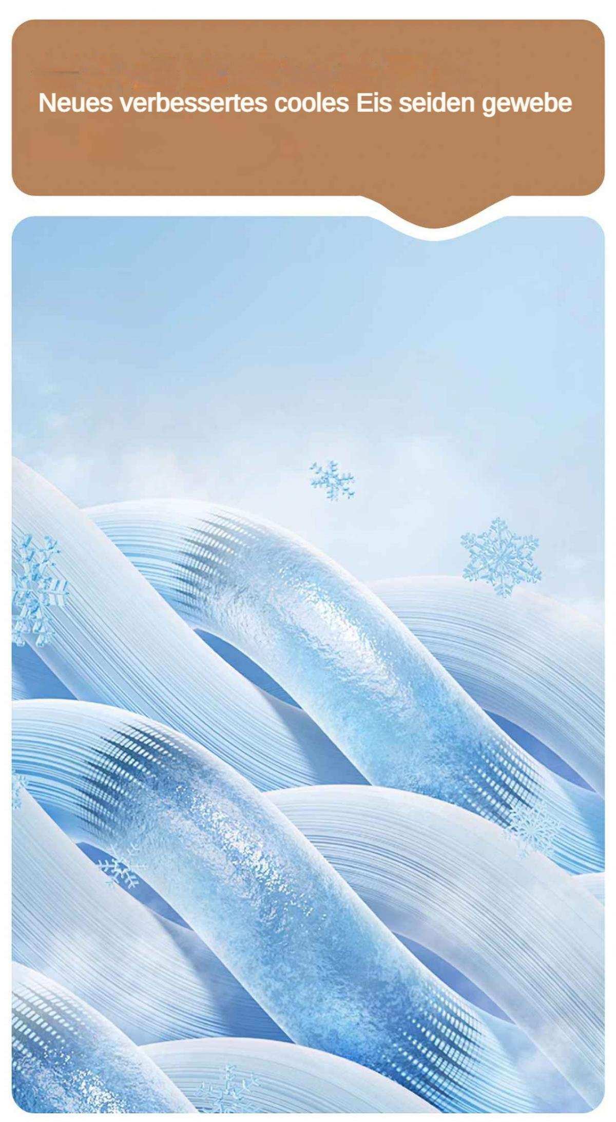 Das Bild zeigt Stoff mit Eisstruktur und Schneeflocken. Oben steht Text auf Deutsch. Der Hintergrund ist ein blauer Farbverlauf.