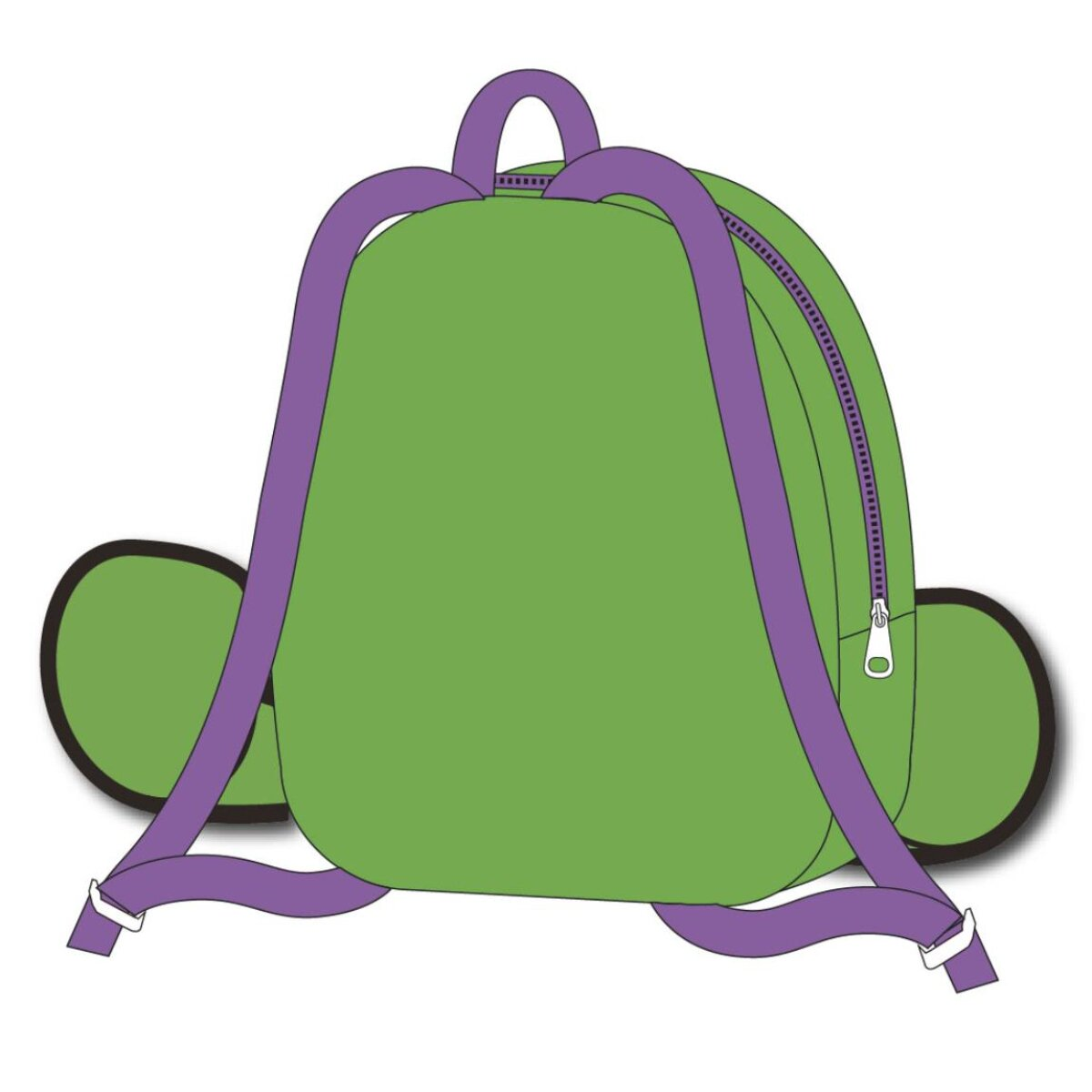 Mochila verde con correas moradas y cremallera. Tiene dos bolsillos laterales verdes y un asa morada en la parte superior.