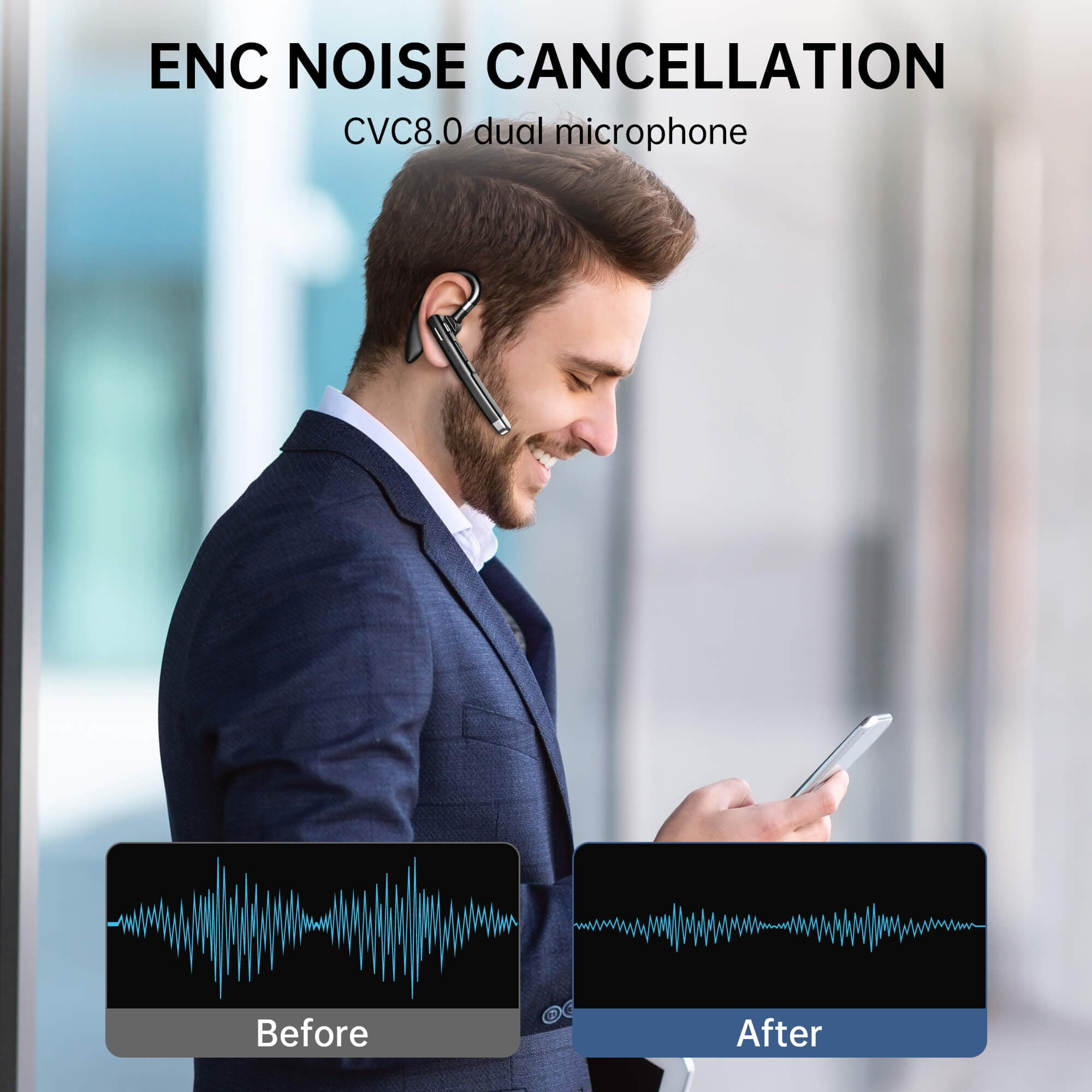 Ein Mann mit Kopfhörern hält ein Telefon. Text: ENC Noise Cancellation. Zwei Kästen zeigen Schallwellen vor und nach der Rauschunterdrückung.