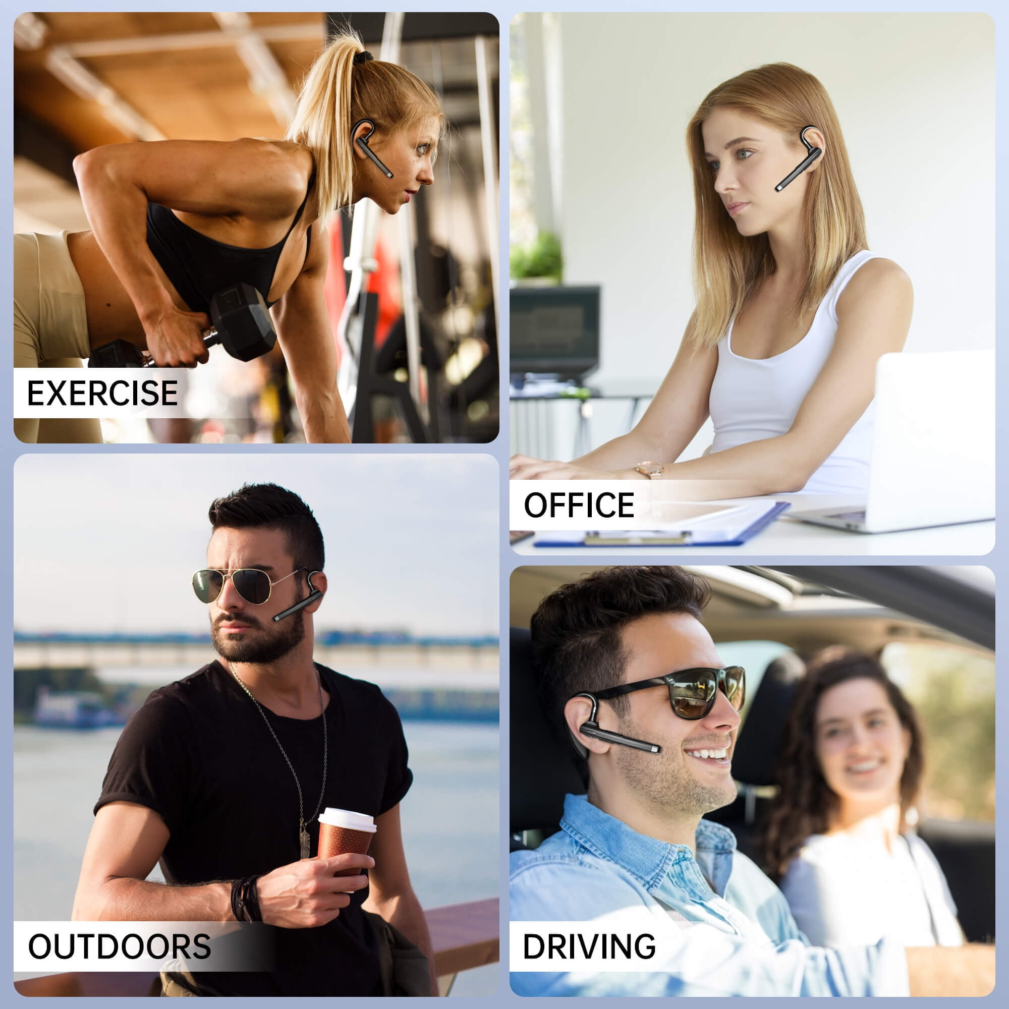 Vier Bilder zeigen Personen mit Headsets: beim Training, im Büro, im Freien und beim Autofahren. Jeder trägt das Headset.