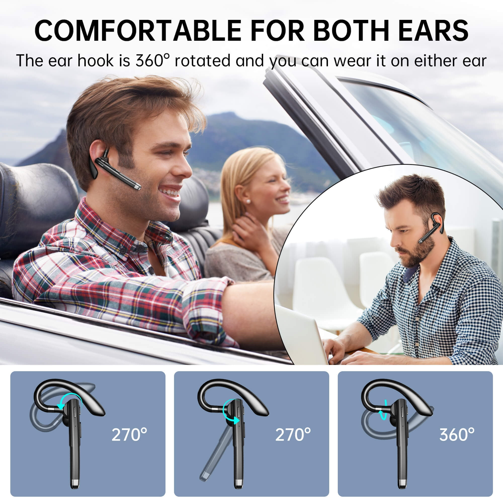 Das Bild zeigt einen Mann mit Headset. Der Text besagt, dass sich der Ohrhaken um 360 Grad dreht. Andere Personen und Diagramme sind vorhanden.
