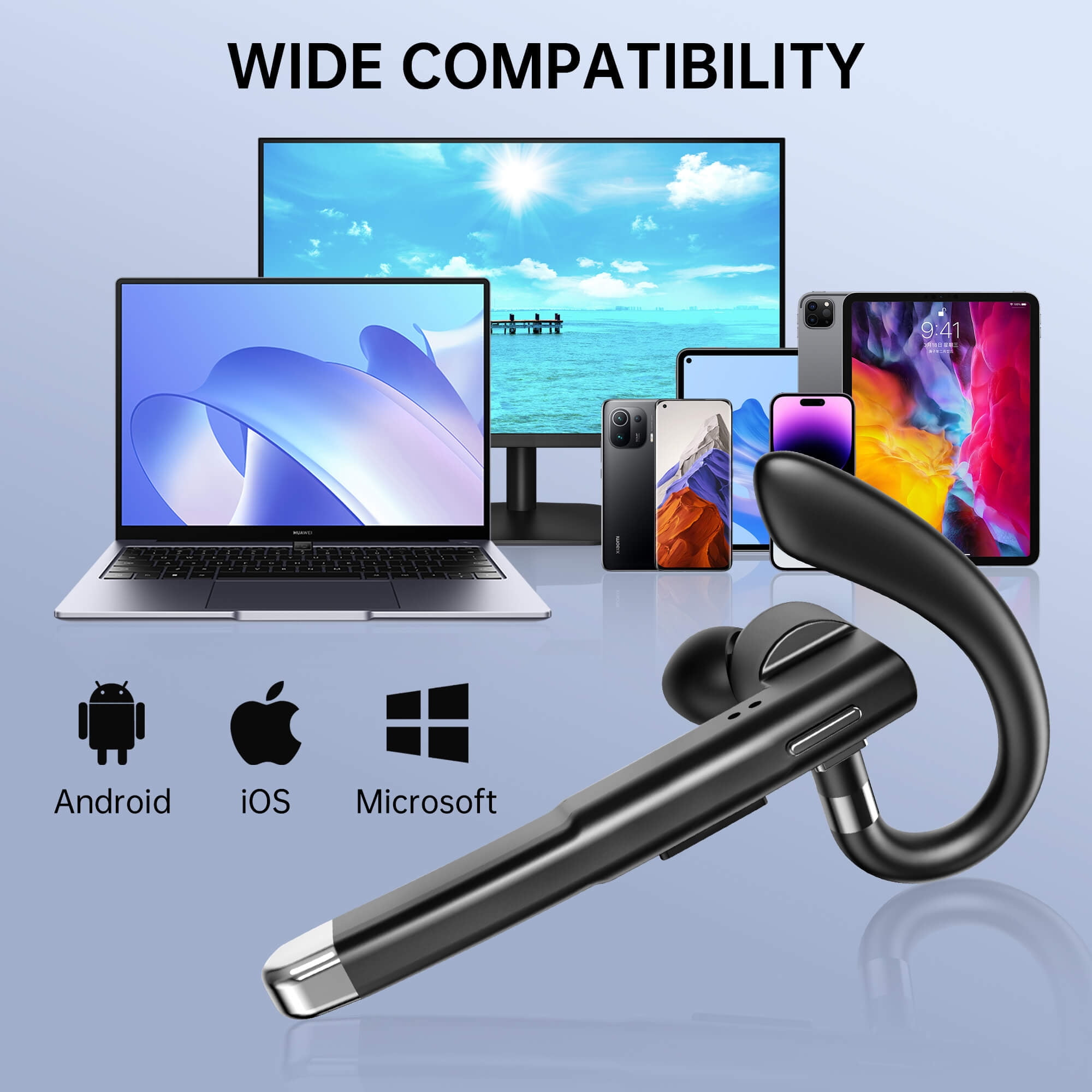 Ein schwarzes Headset mit mehreren Geräten: Laptop, Monitor, Tablets und Handys. Kompatibilitätssymbole für Android, iOS und Microsoft.