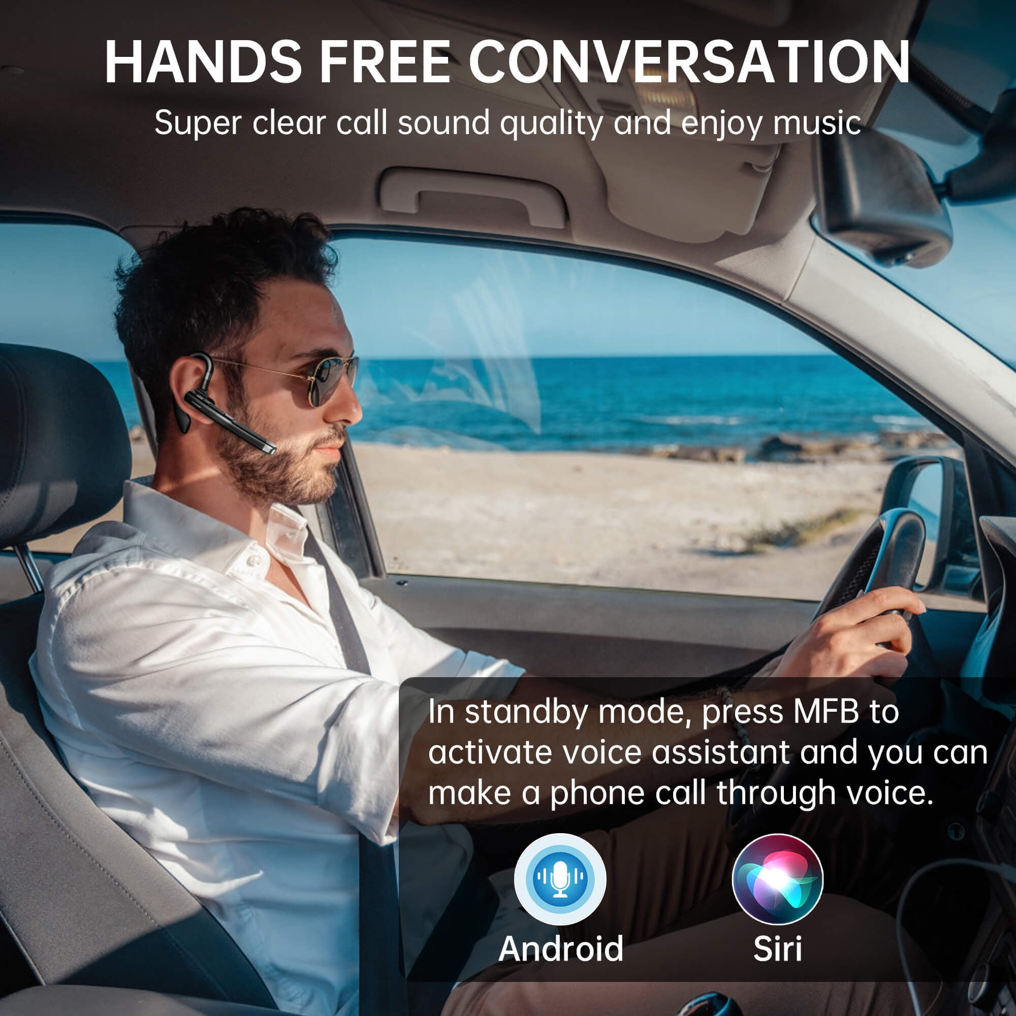 Mann im Auto mit Sonnenbrille und Headset. Text: Freisprechen. Android- und Siri-Symbole.