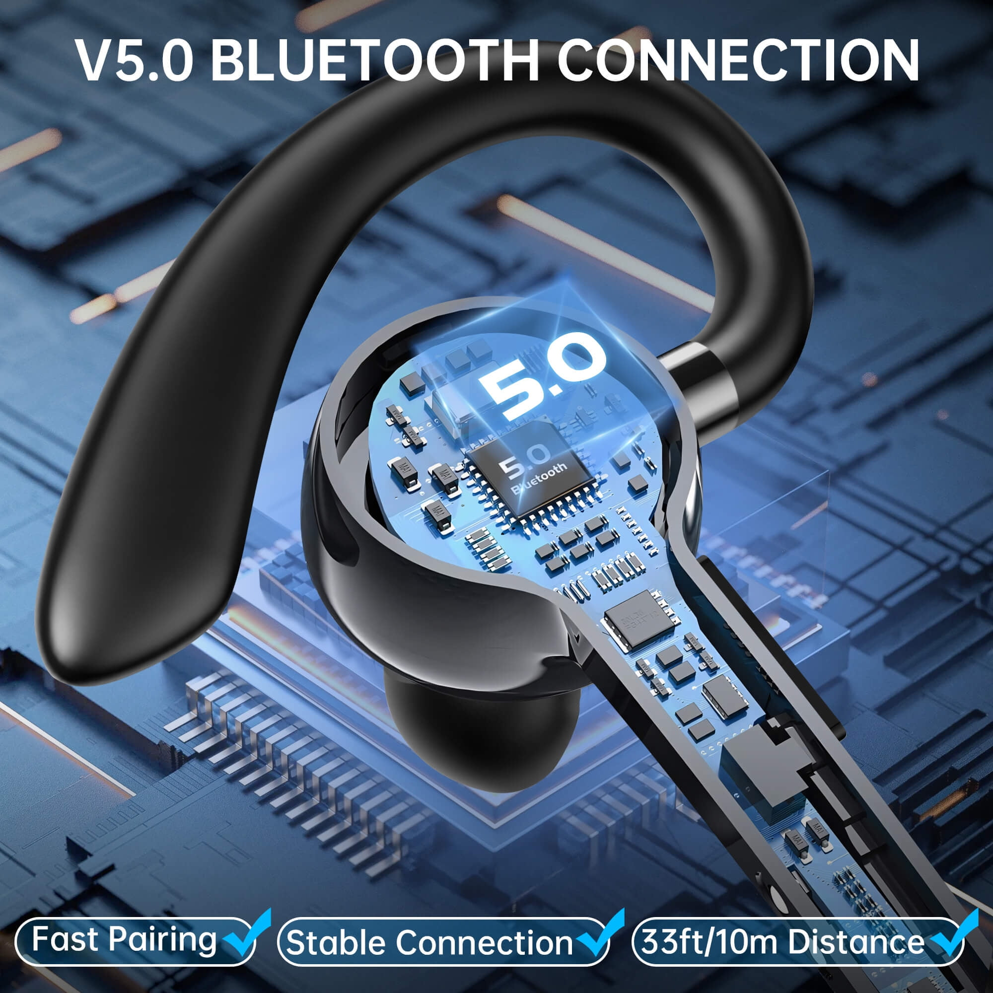 Bild zeigt einen schwarzen Bluetooth-Kopfhörer mit elektronischen Bauteilen. Text: V5.0 Bluetooth-Verbindung, schnelles Pairing, stabile Verbindung, 10 m Entfernung.